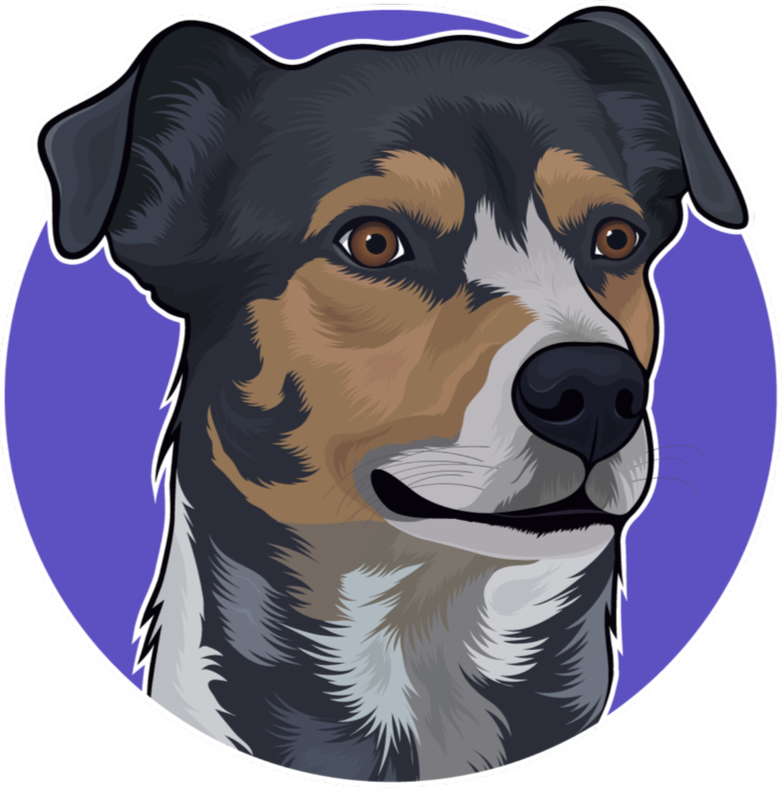 An illustrated portrait of a mixed breed dog with brown, black, and white fur, set against a purple circular background.
