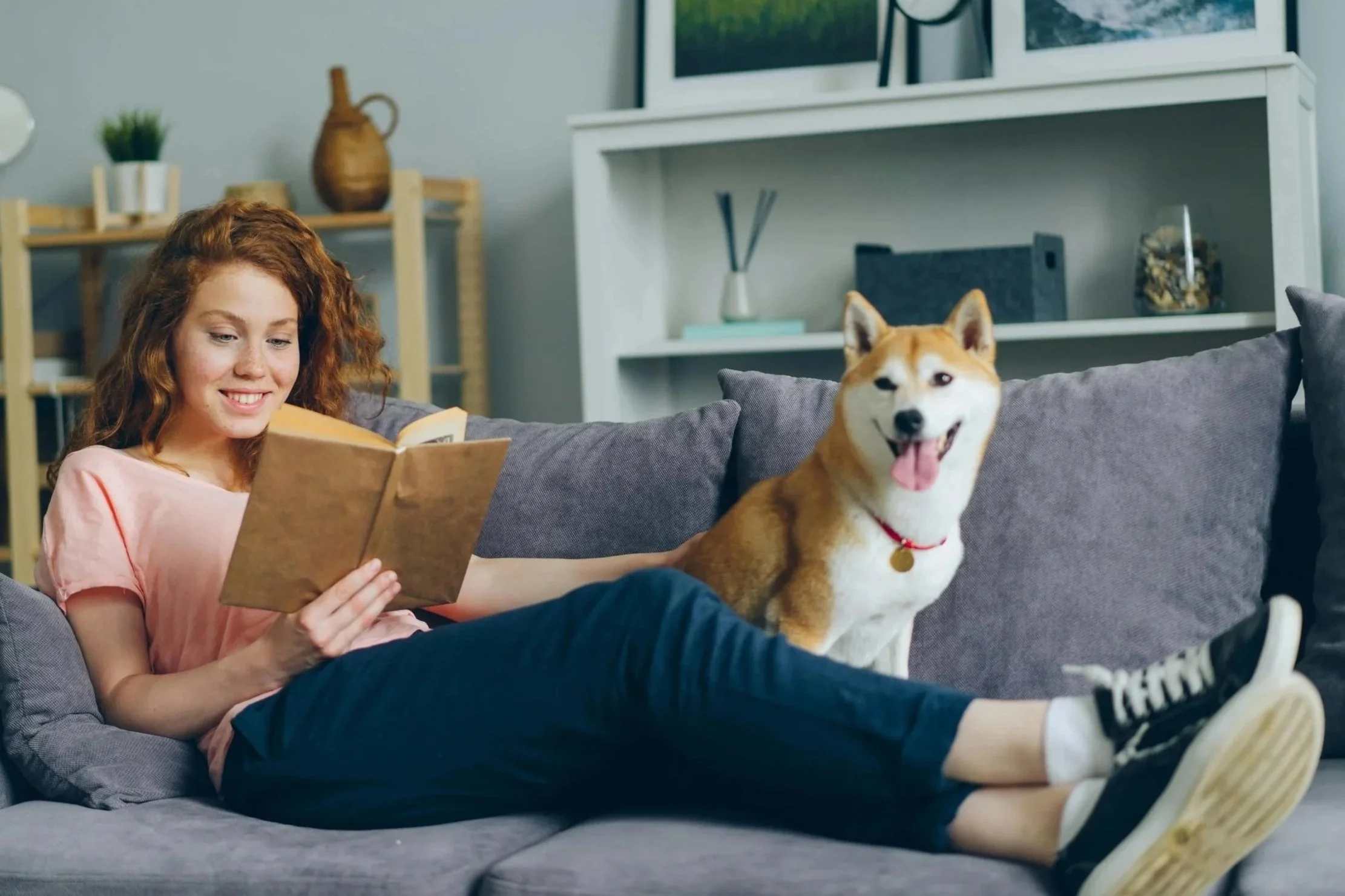 A woman with red hair in a pink shirt reading a book on a gray couch, with a smiling dog sitting beside her, in a modern living room.