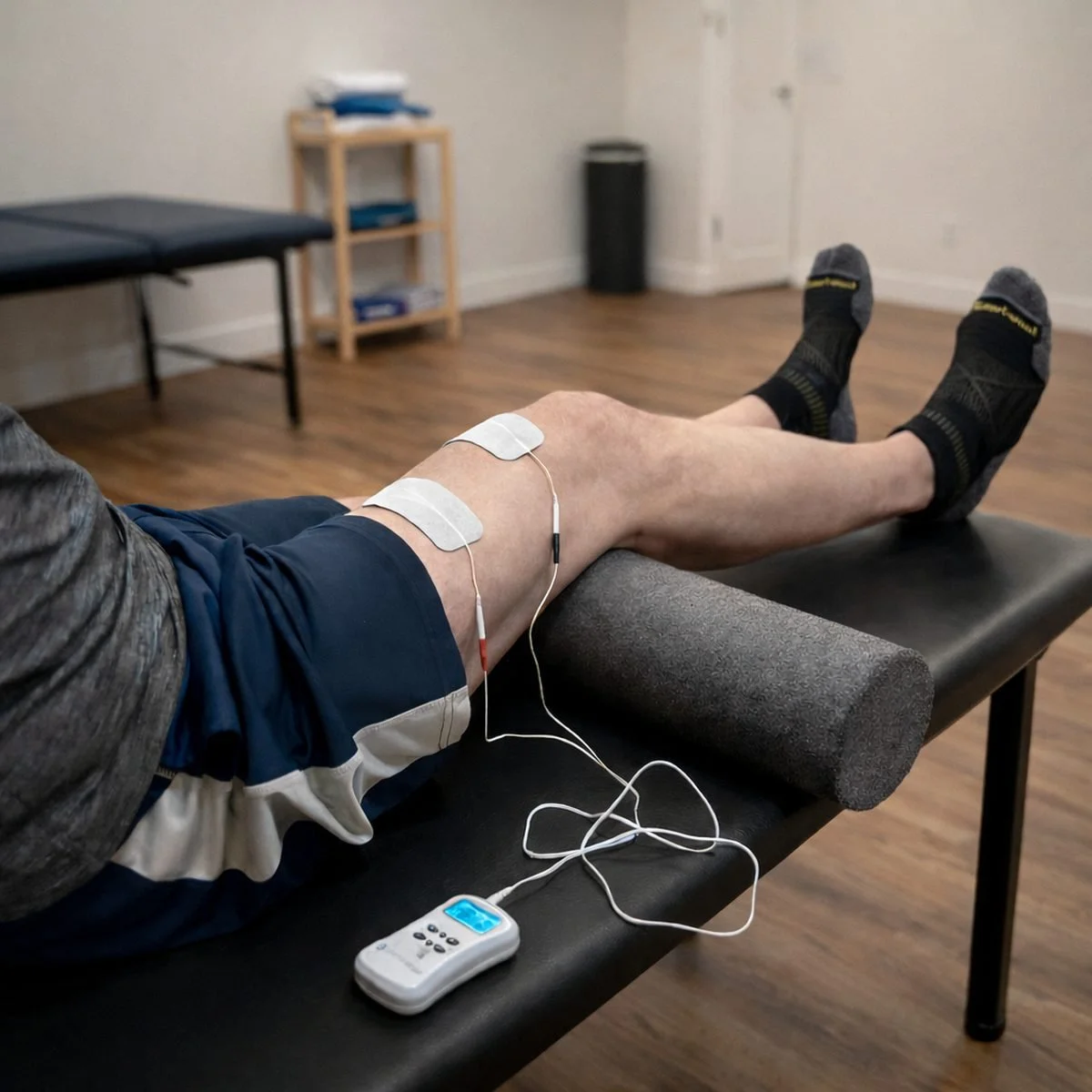 Neuromuscular electrical stimulation (NMES) used in physical therapy to activate the quadriceps during rehabilitation