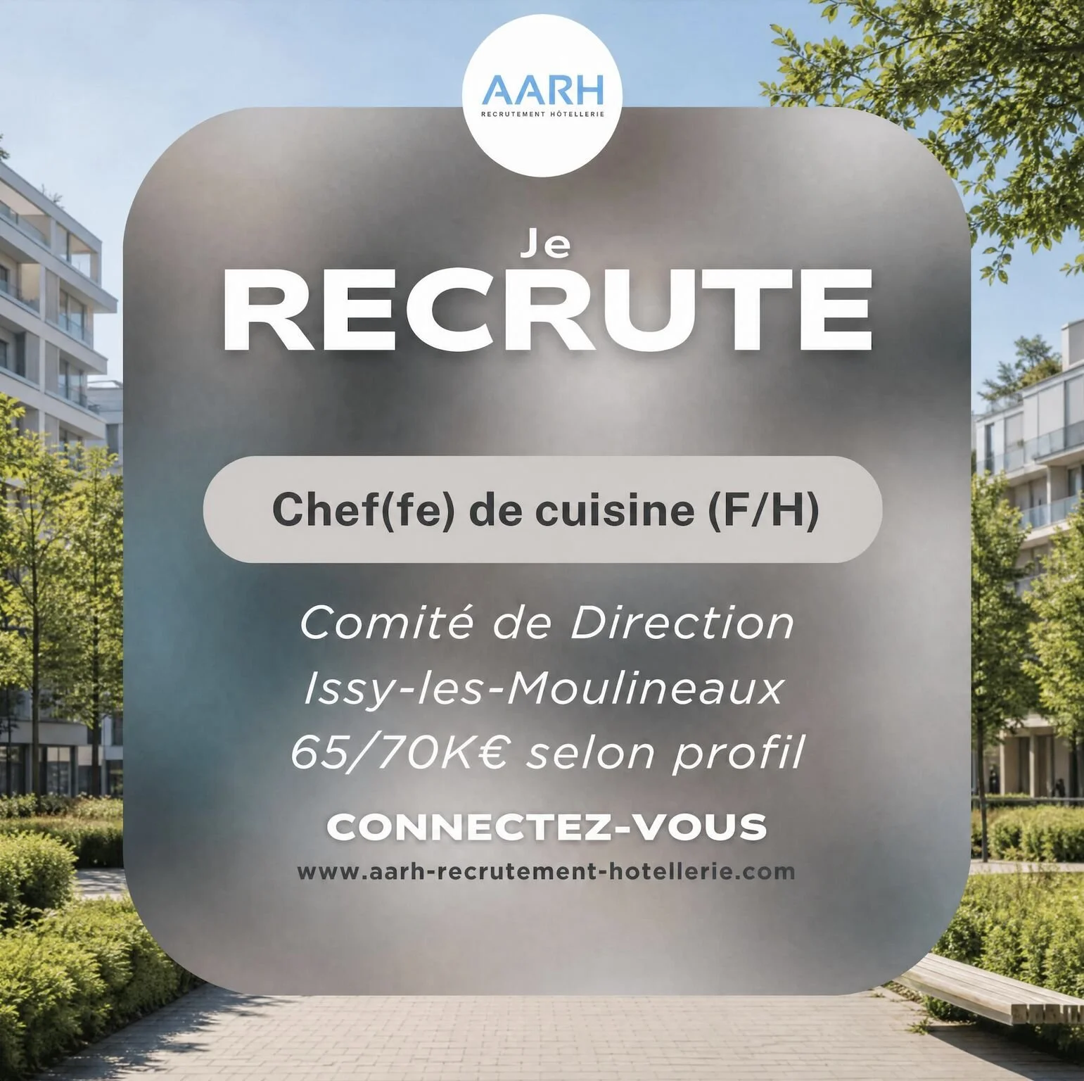 Affiche de recrutement pour un poste de chef(fe) de cuisine, avec détails sur le profil et le site web.