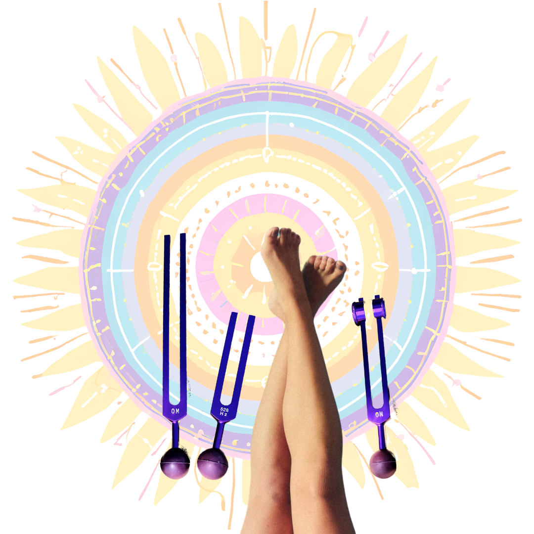 A person’s crossed arms legs raised in front of a colourful, abstract circular background with radiating lines, resembling a psychedelic or cosmic design, with three purple tuning forks next to her.