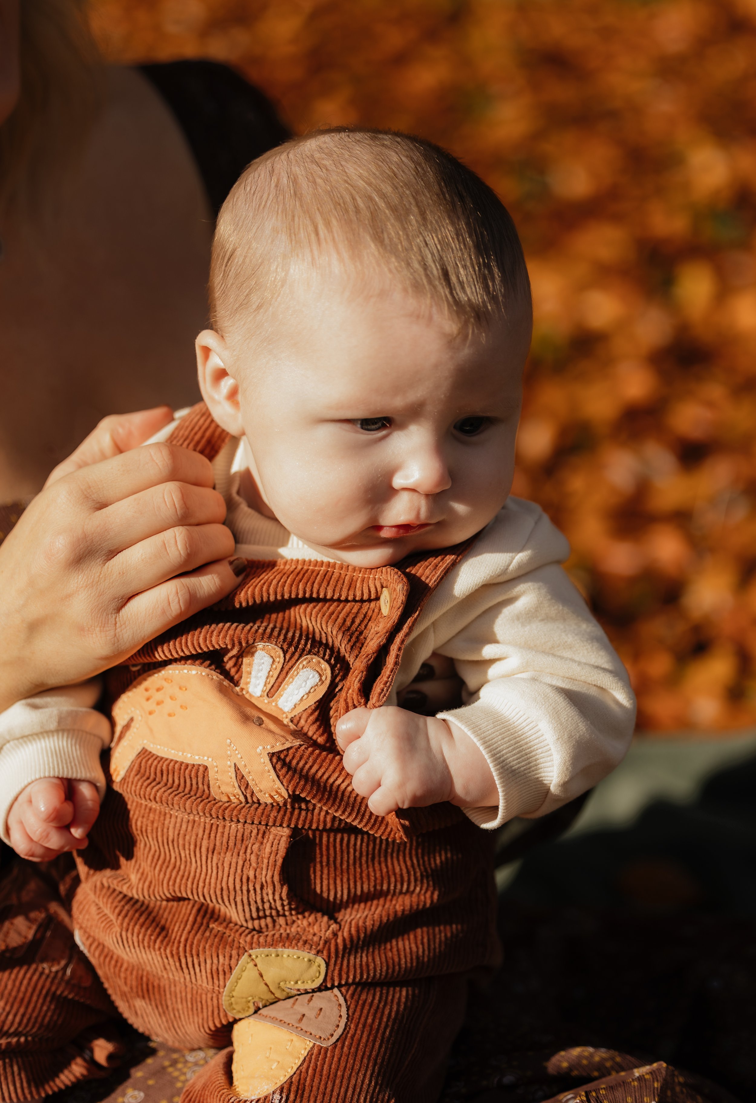A baby in a cream-colored sweater and brown corduroy overalls with mushroom patches, being held by an adult outdoors during fall, with colorful autumn leaves in the background.