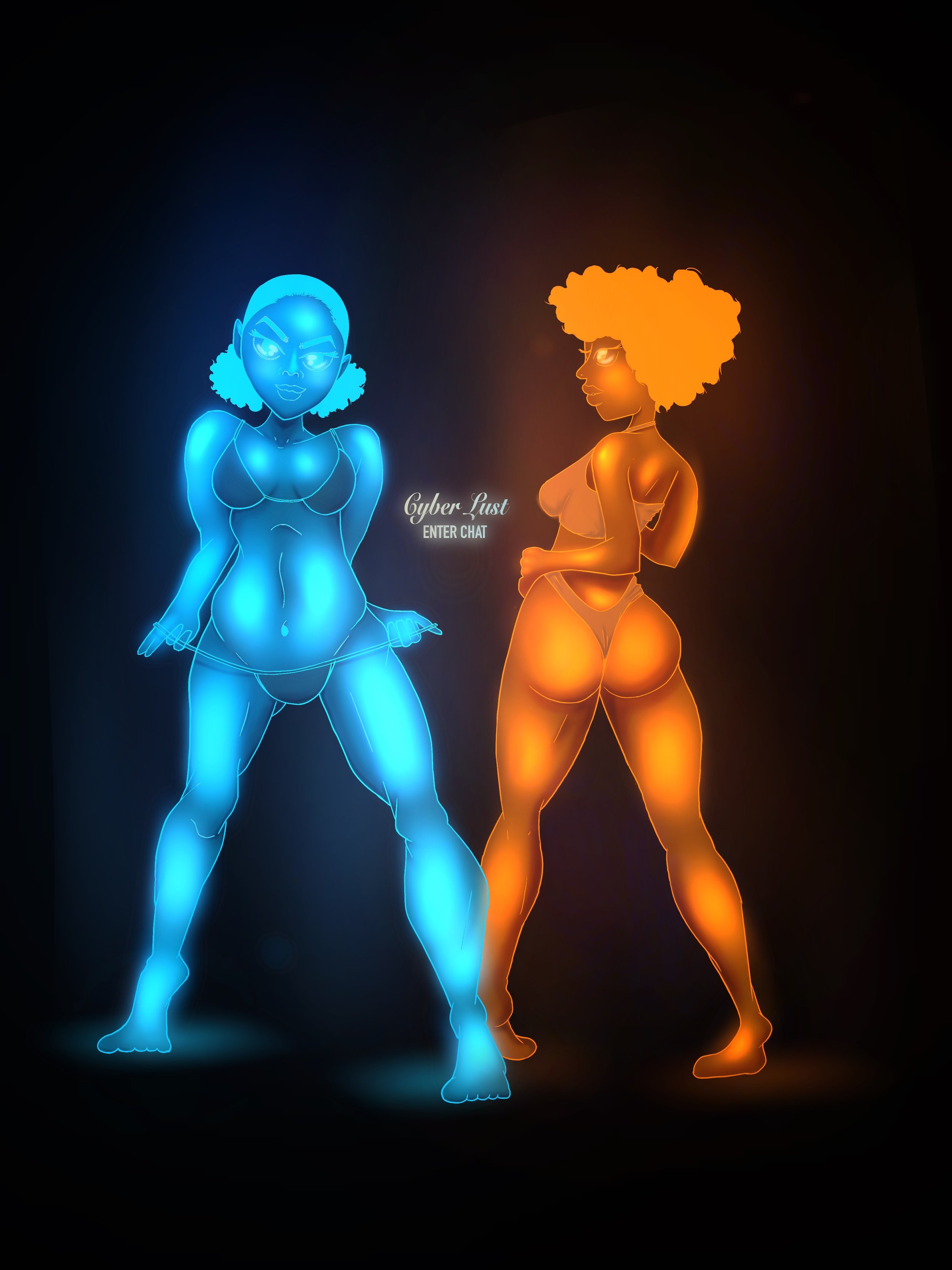 Two neon-style digital illustrations of women in lingerie, one blue and one orange, facing each other in a dark background. The blue woman is standing confidently with hands on hips, and the orange woman is turned sideways with arms crossed. Text in 