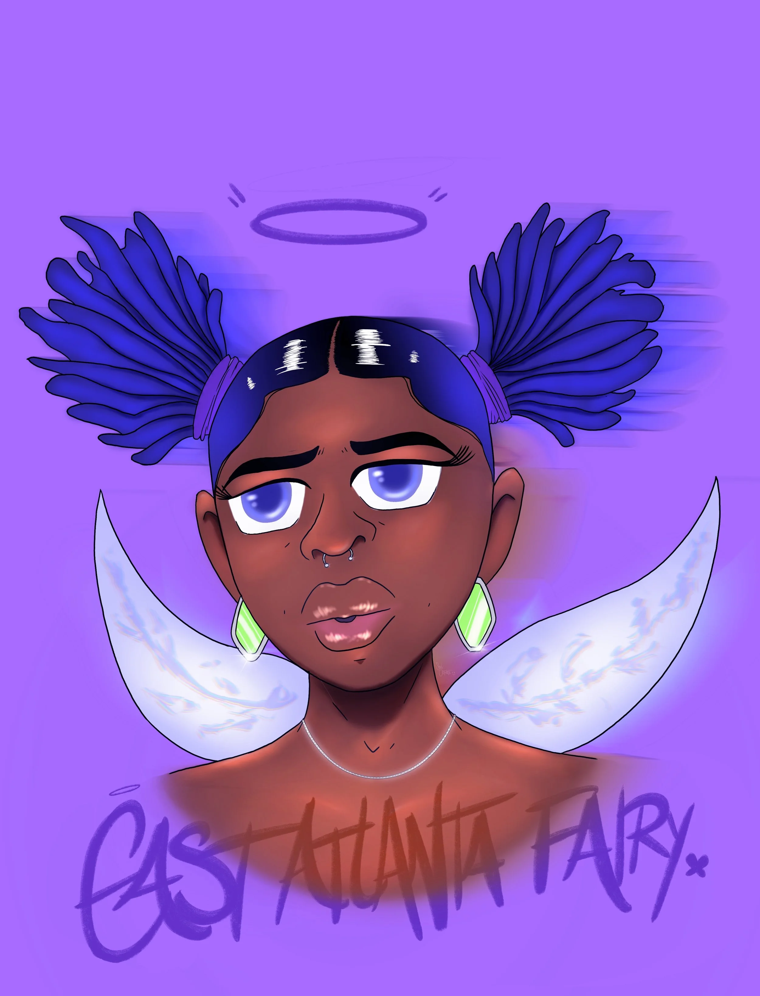 Digital illustration of a girl with dark skin, blue eyes, and purple hair styled in two pigtails. She has a septum piercing and large, glowing green earrings. She has white, feathered angel wings and a glowing halo above her head. The background is p