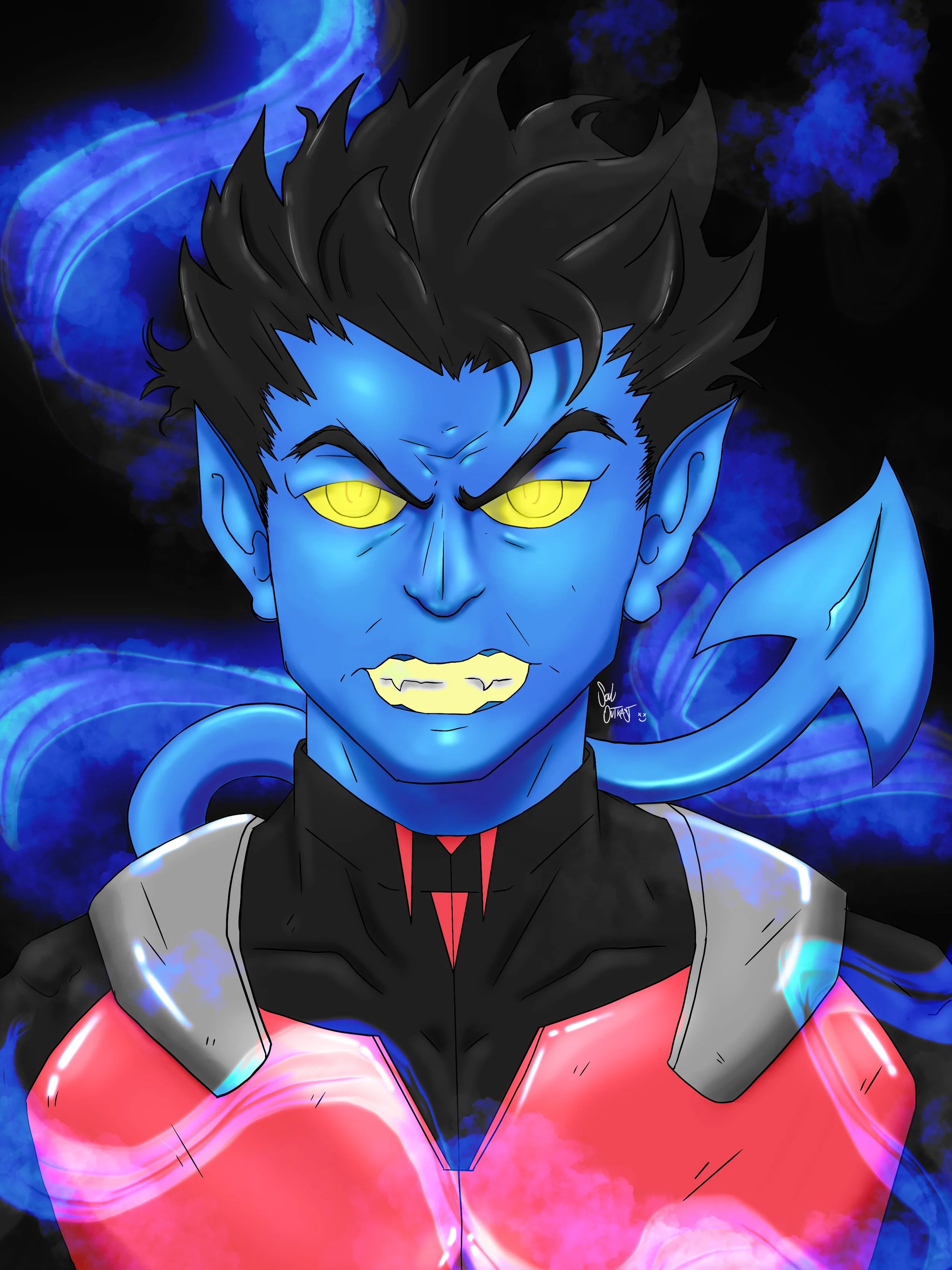 A digital illustration of a blue-skinned, elfin humanoid character with sharp features, glowing yellow eyes, spiky black hair, and pointed ears. The character wears a black and red armor with metallic shoulder pads, and has a large blue tail with a f