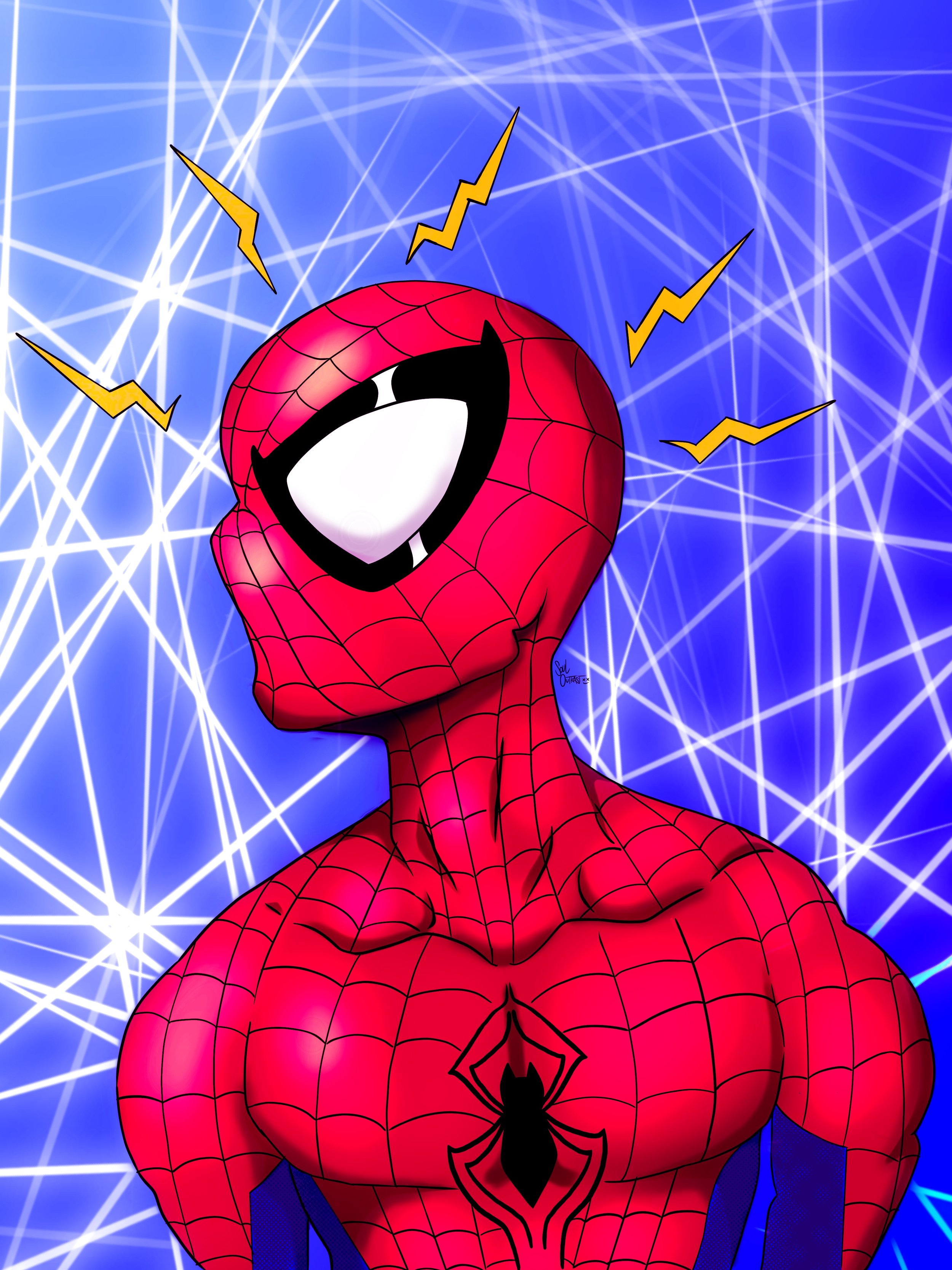 A cartoon Spider-Man with a black spider emblem on his chest, surrounded by yellow lightning bolts, against a blue background with white web-like lines.