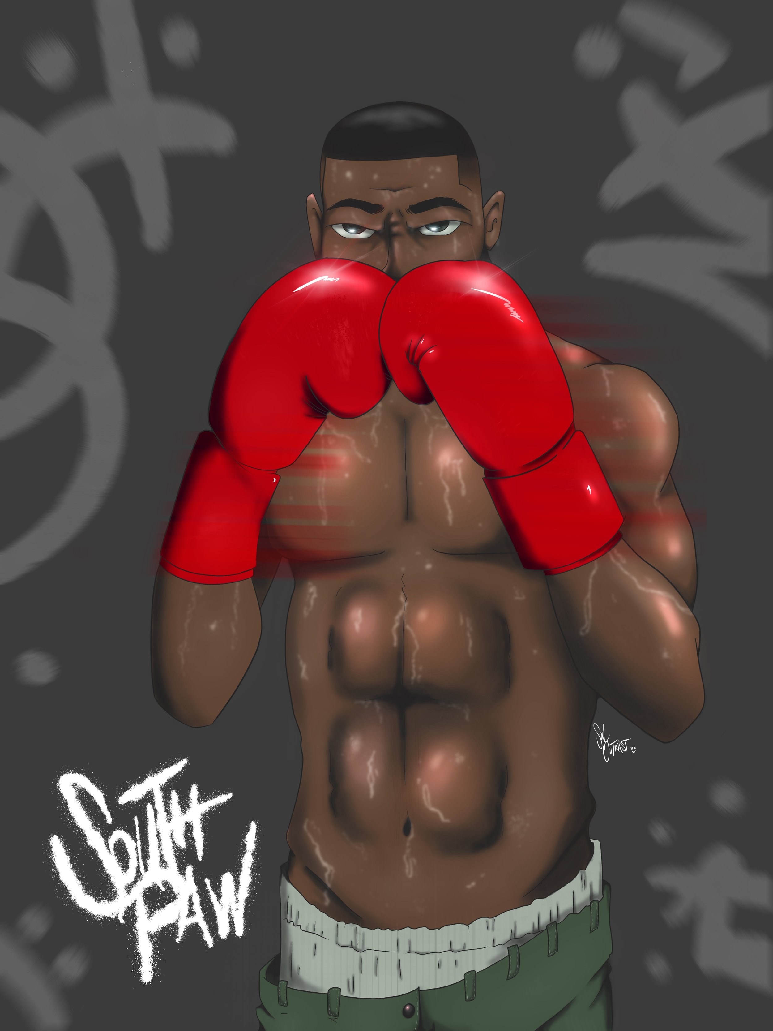 A muscular male boxer with short hair and glowing eyes, wearing red boxing gloves, standing in a fighting stance with his fists raised in front of his face, and a dark background with graffiti-style writing that says "Boxing Day."