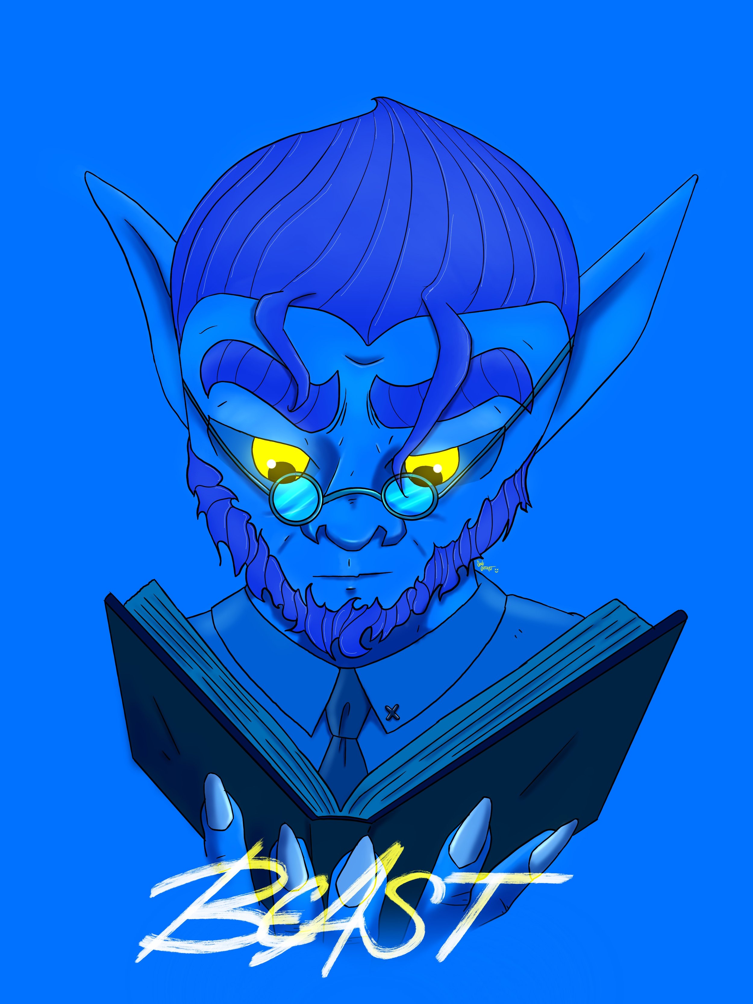 Digital art of a blue, humanoid, elf-like creature with large ears, yellow eyes, and glasses, reading a book against a blue background, with the word 'Beast' written in stylized white letters at the bottom.
