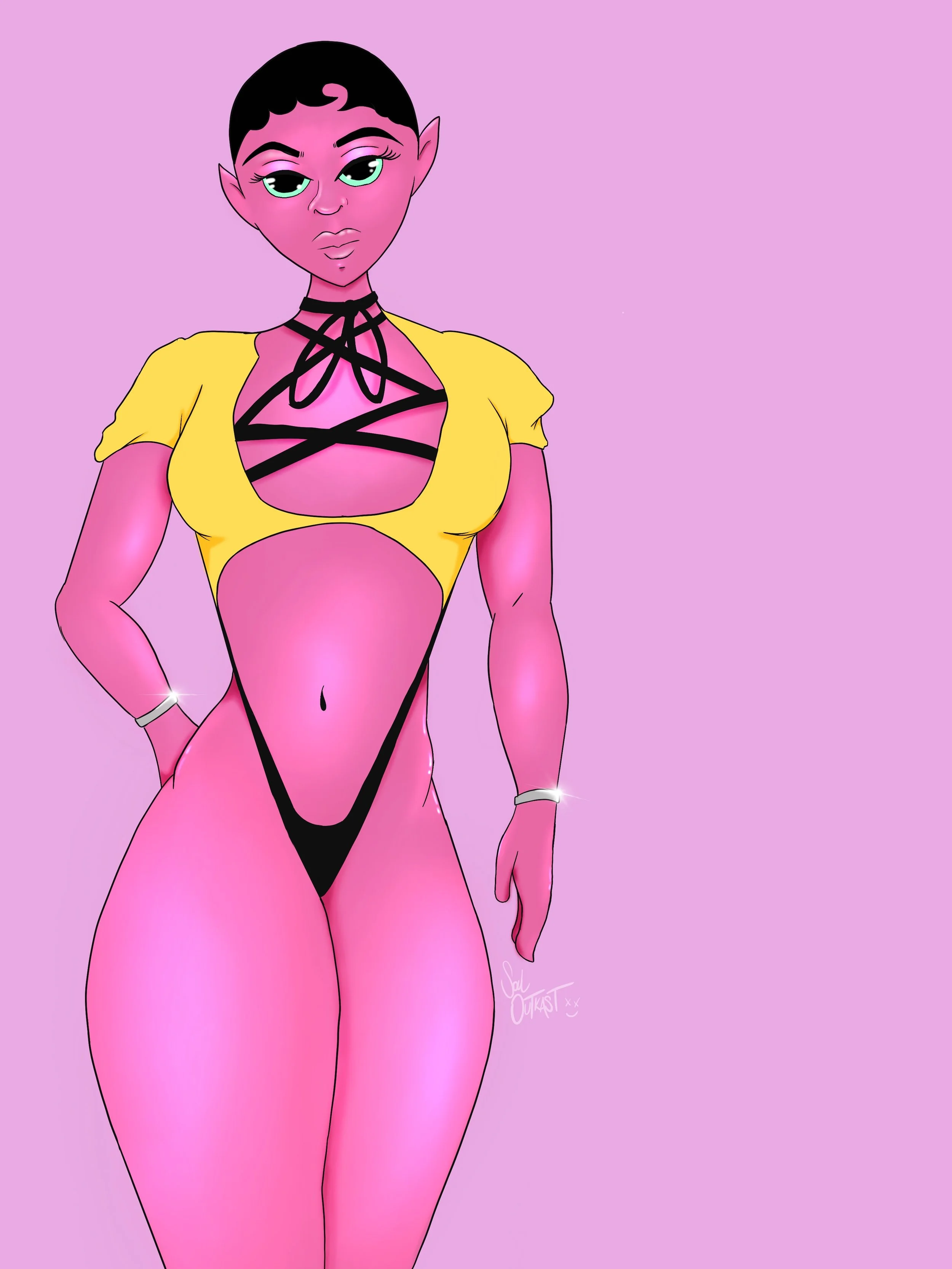 Digital illustration of a female character with pink skin, black short hair, pointed ears, and green eyes, wearing a yellow top with black strap details, black lingerie, and shiny jewelry on her wrists, against a purple background.