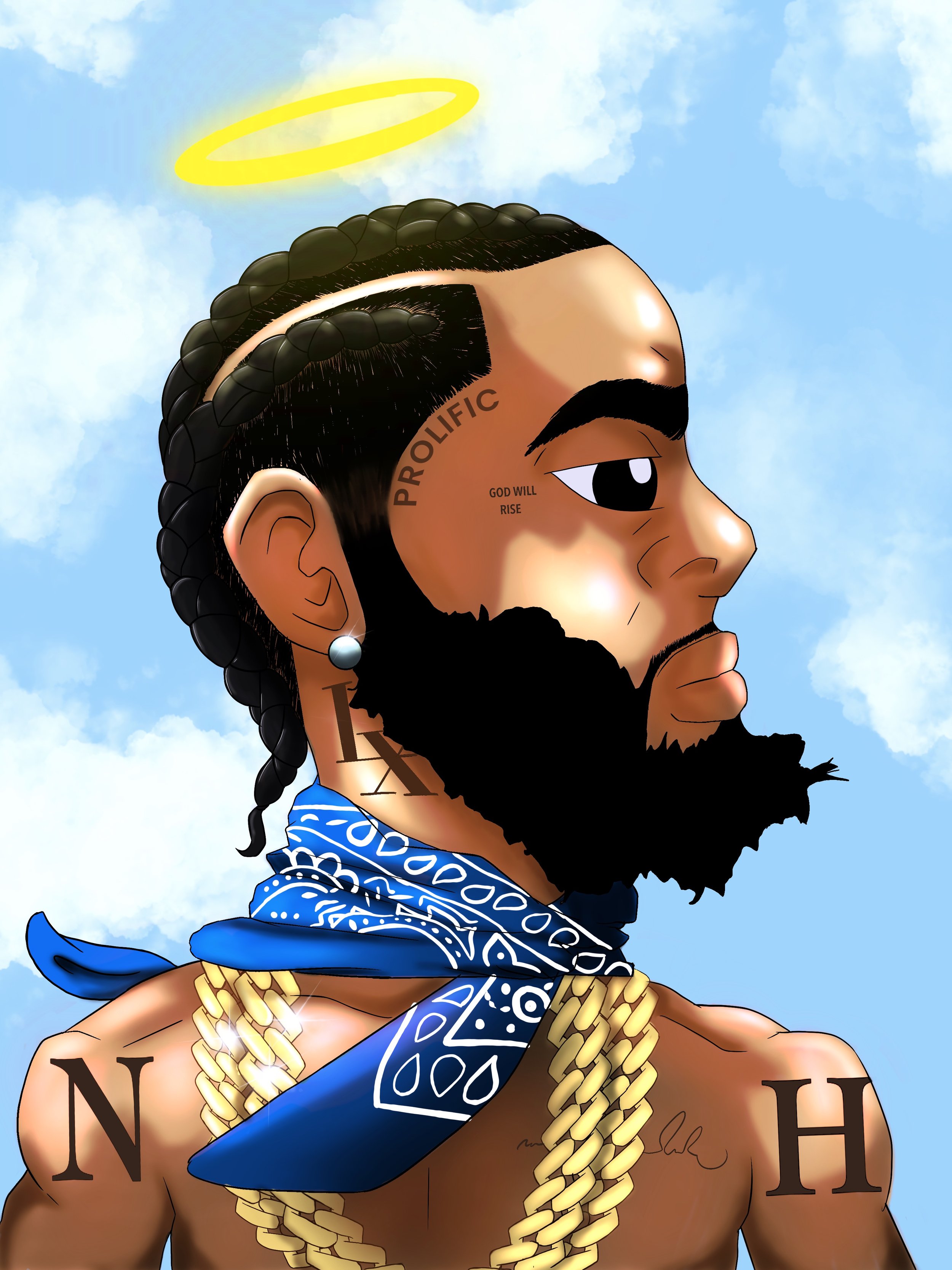 Digital illustration of a man with a tattooed face, braided hair, blue bandana, gold chains, and tattoos on his shoulders against a sky background with clouds and a yellow halo above his head.