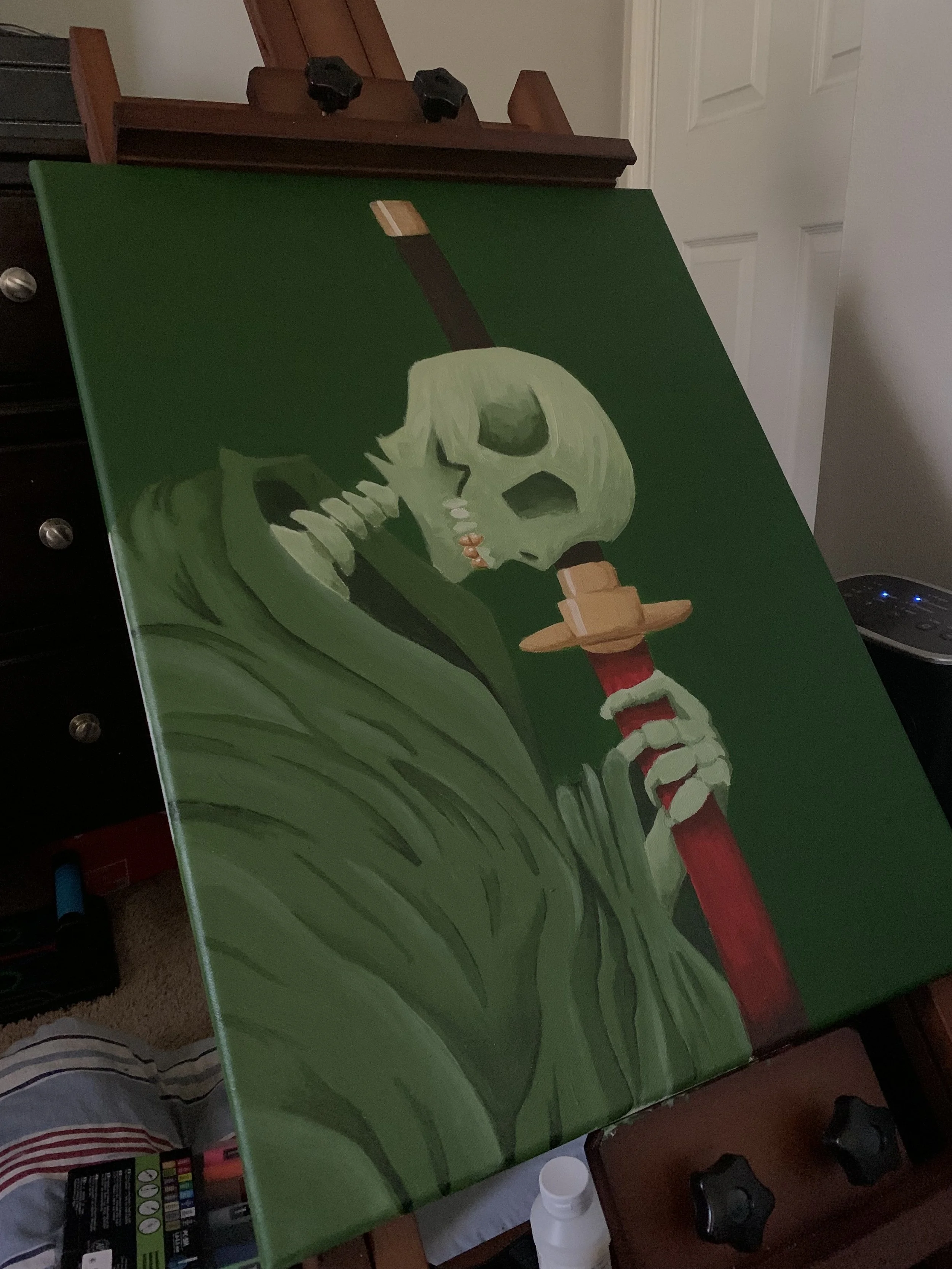 A painting of a skeleton holding a large sword with a green background.