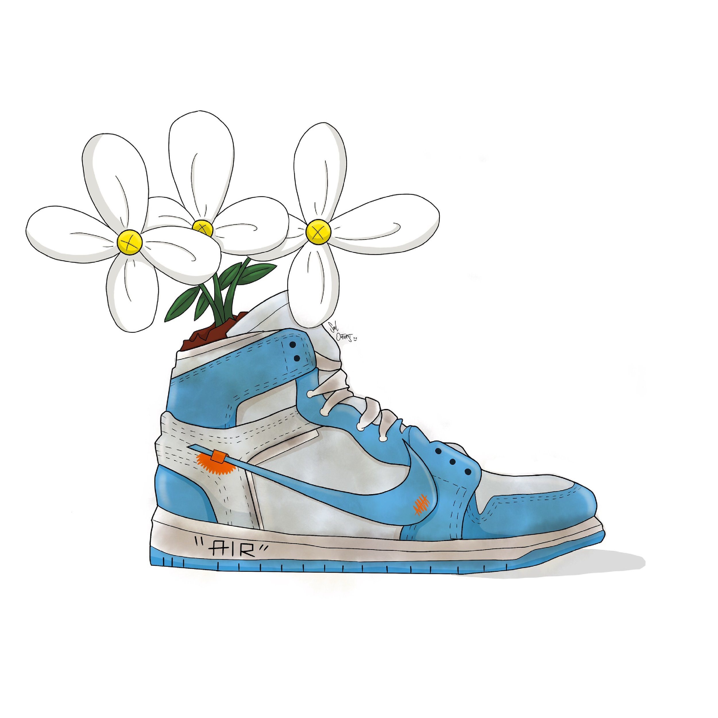 A digital illustration of a white and blue Air Jordan sneaker with a potted plant of white flowers growing out of it.