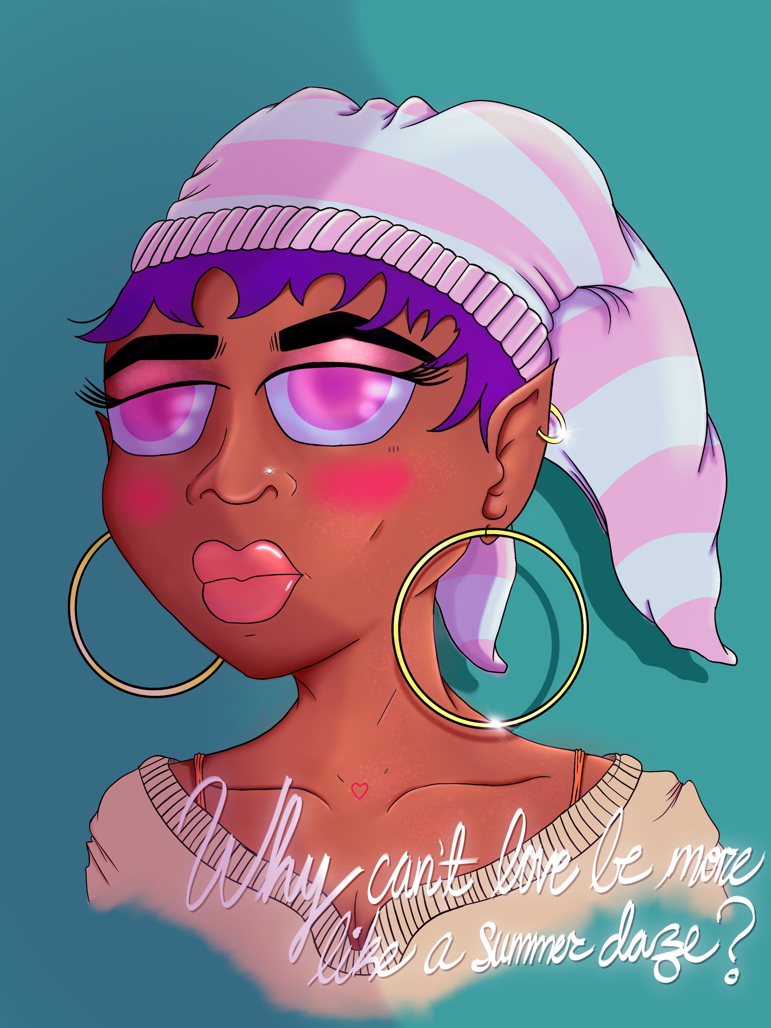 Digital illustration of a young woman with purple hair, pinkish-purple eyes, wearing large hoop earrings, a striped scarf, and a beige top. She has a small heart tattoo on her neck and is set against a teal background. The text overlay reads, "Why ca