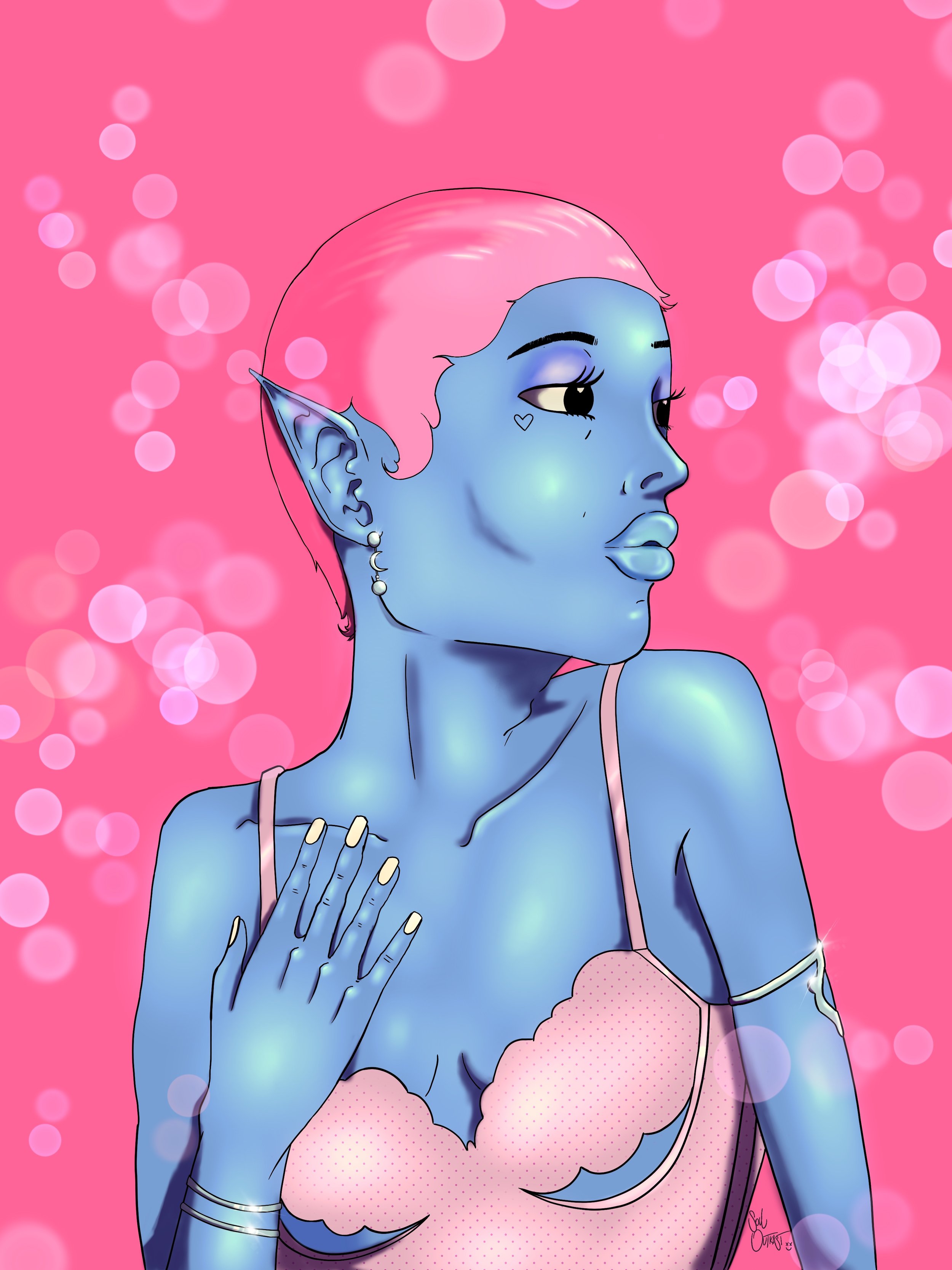 Digital illustration of a blue-skinned, elf-like woman with pink hair and pointed ears, wearing a pink top, set against a pink background with bokeh light effects.