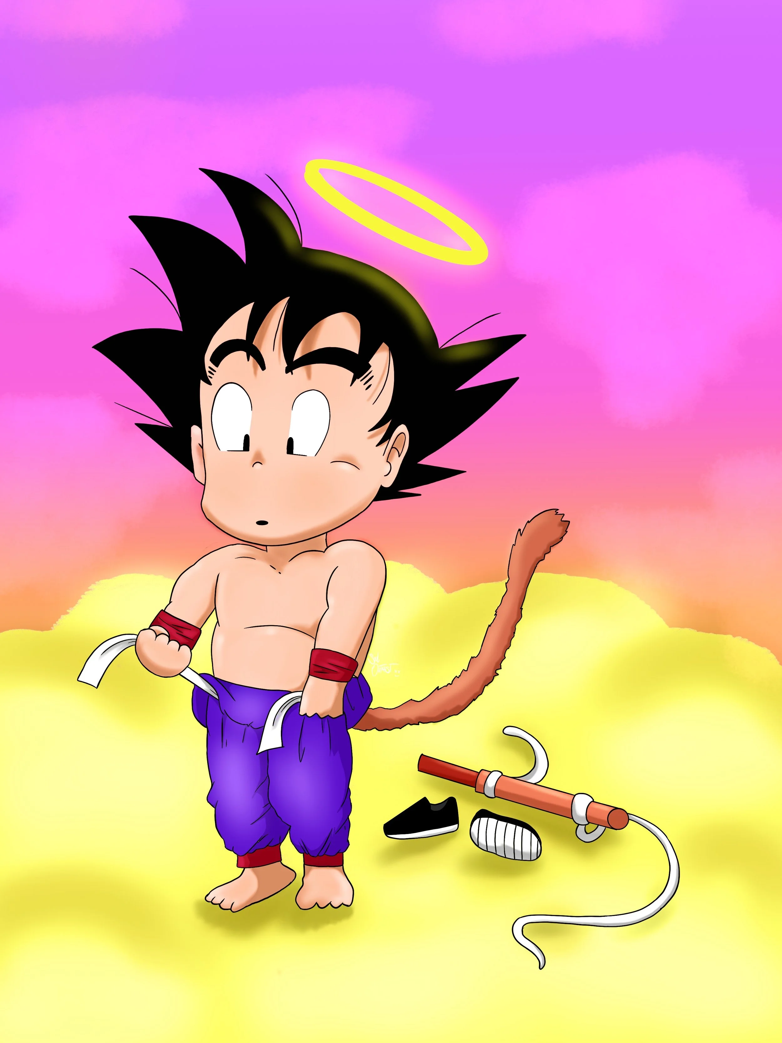 Cartoon character Goku from Dragon Ball with a halo above his head, cat ears, a tail, purple pants, red wristbands, and no shirt, standing on a colorful cloud background.
