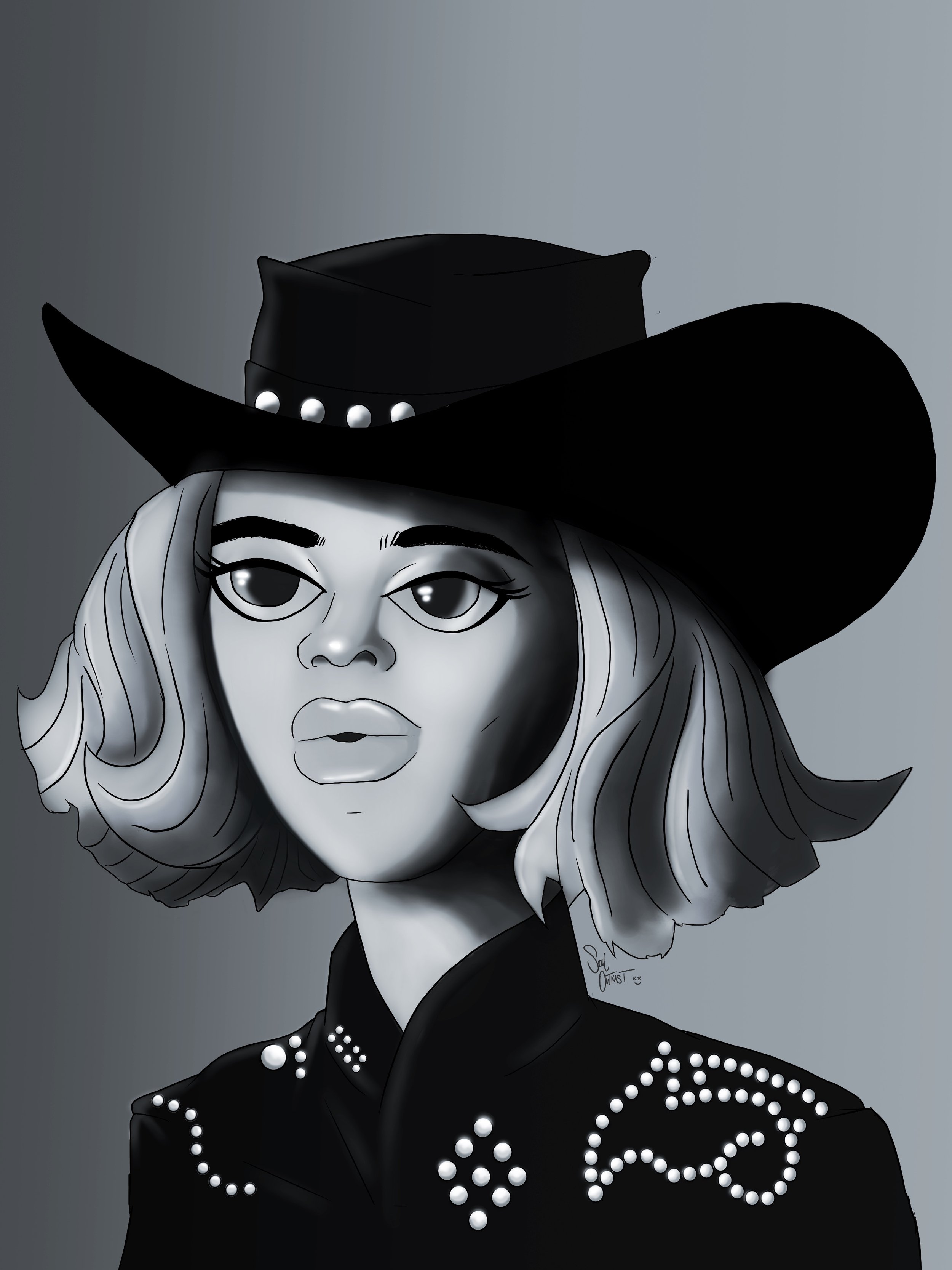 Black-and-white digital illustration of a woman wearing a wide-brimmed cowboy hat and a style resembling a western or cowgirl outfit with decorative silver accents on her shoulders and chest.