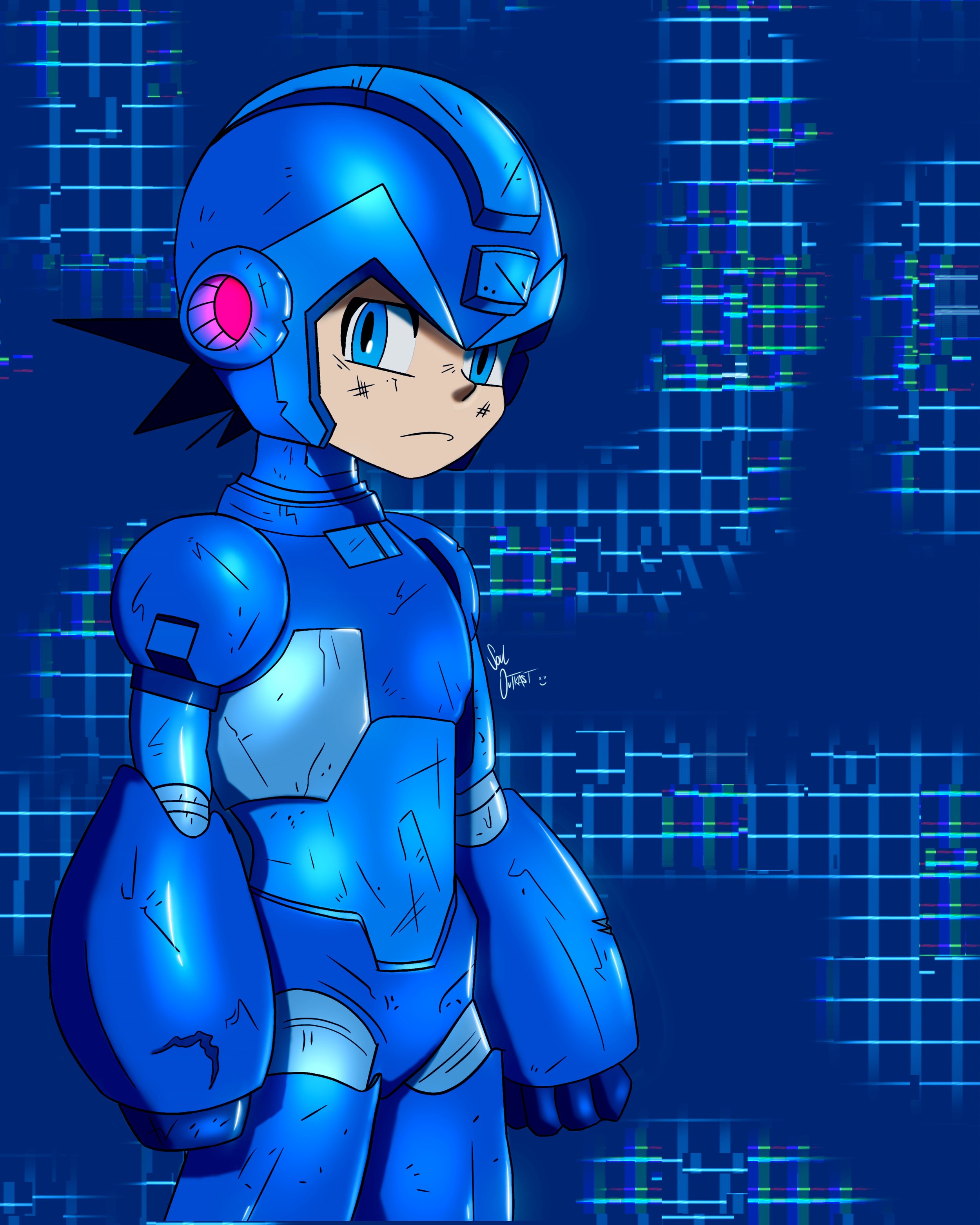 A digital illustration of a young boy wearing blue futuristic armor with a matching helmet, set against a digital, glitch-like background with blue and green color patterns.