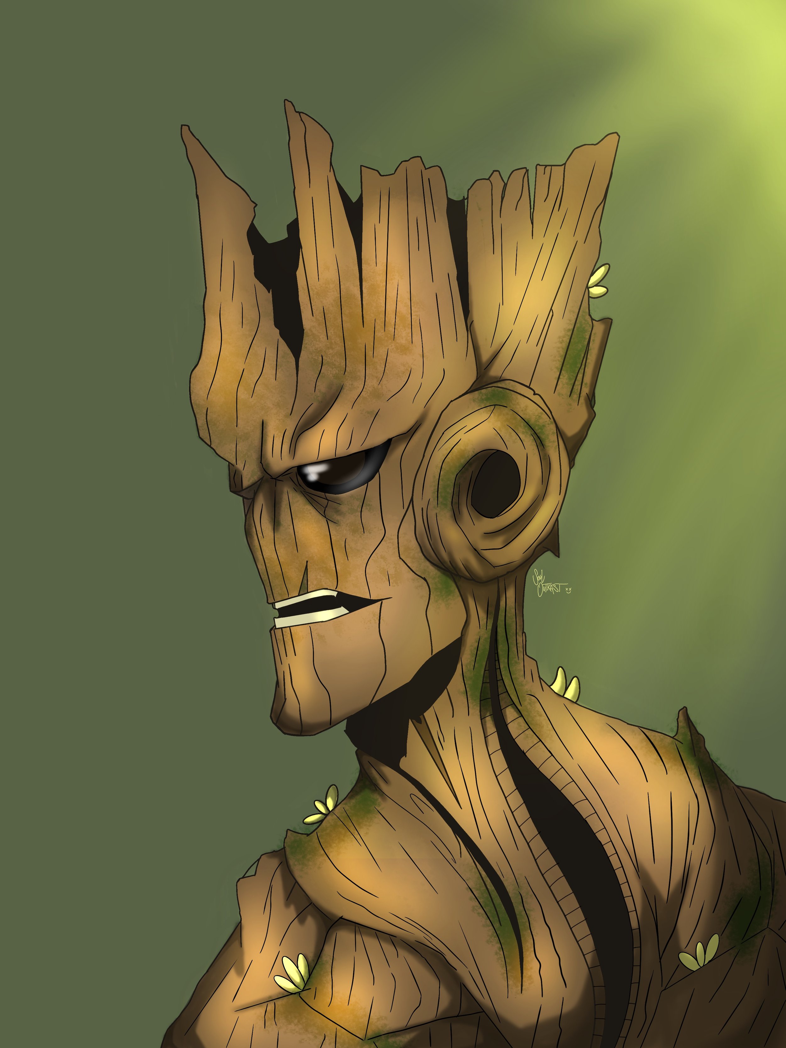 Animated illustration of Groot, a humanoid tree character from Marvel's Guardians of the Galaxy, with a stern expression, set against a green background.