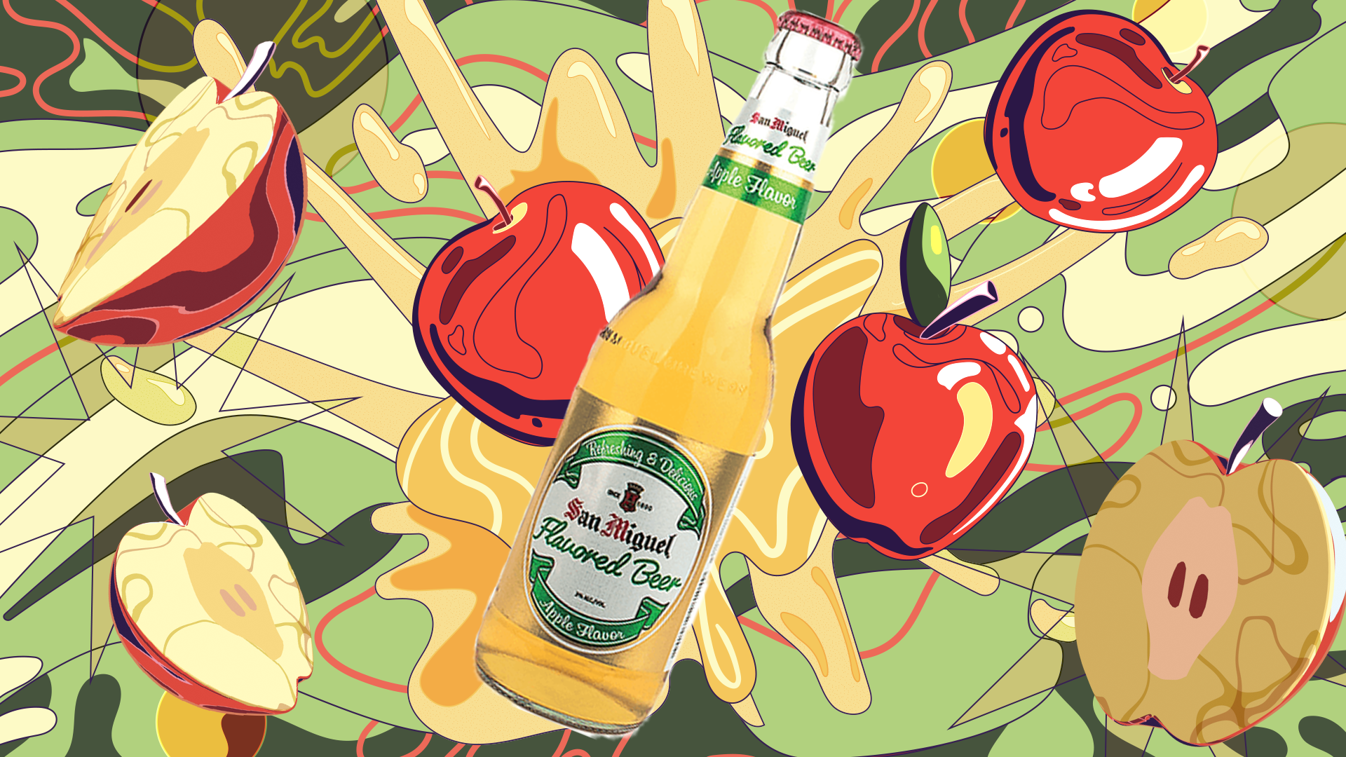 A beer bottle in an explosion of red apple slices in splashes of green and yellow liquids and swirls in the background.