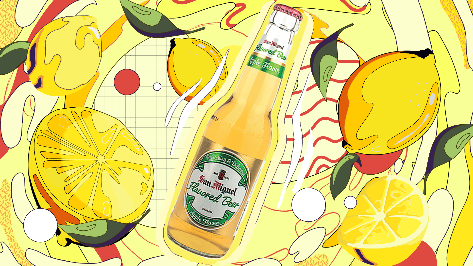 A beer bottle at the centre of the frame is framed by stylised retro rendering of bright yellow lemons contoured in dark outlines and swirling yellow and red liquid in the background.