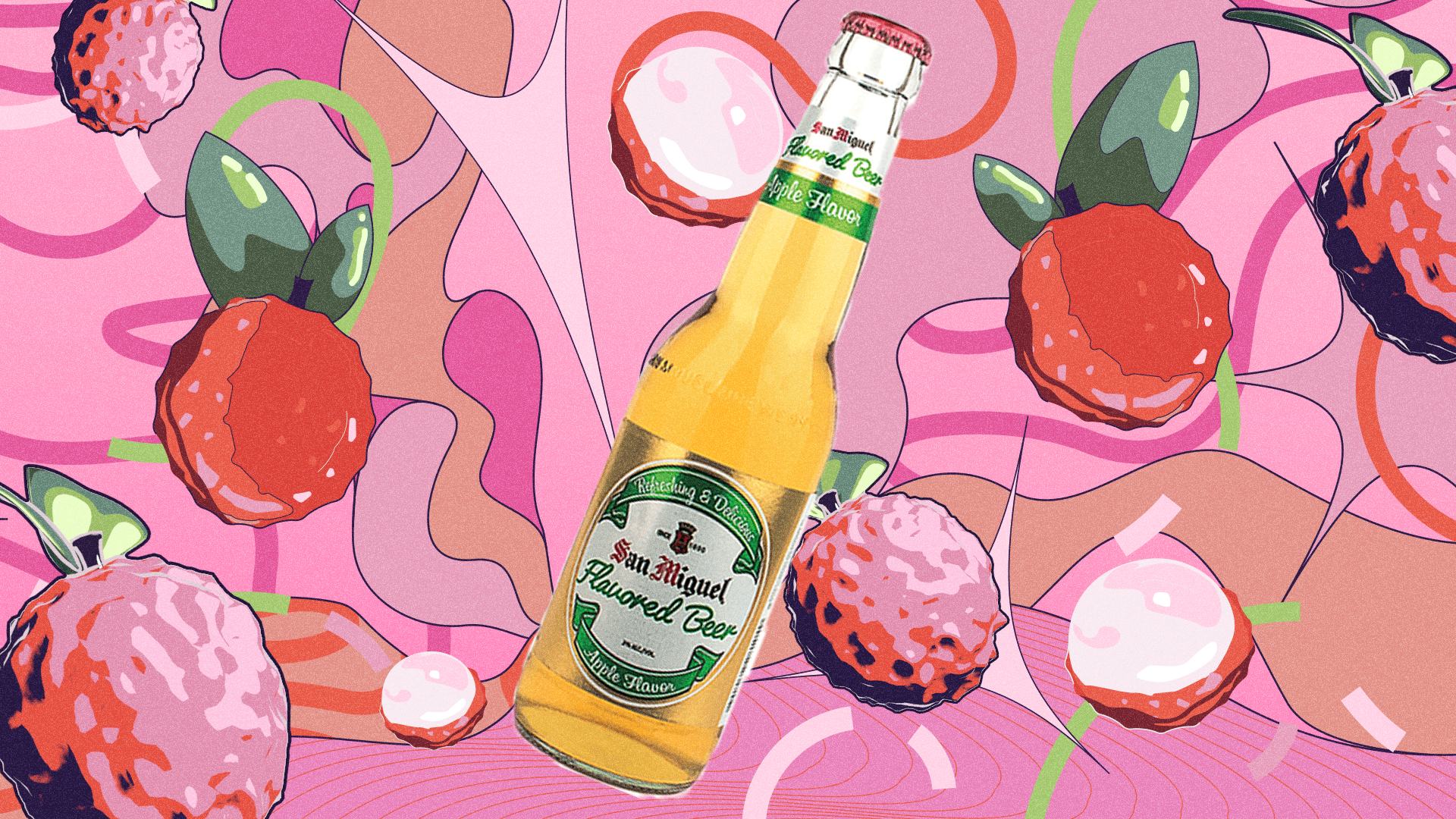 Beer bottle is surrounded by floating lychee fruits with variations of pink lines and swirls in the background.