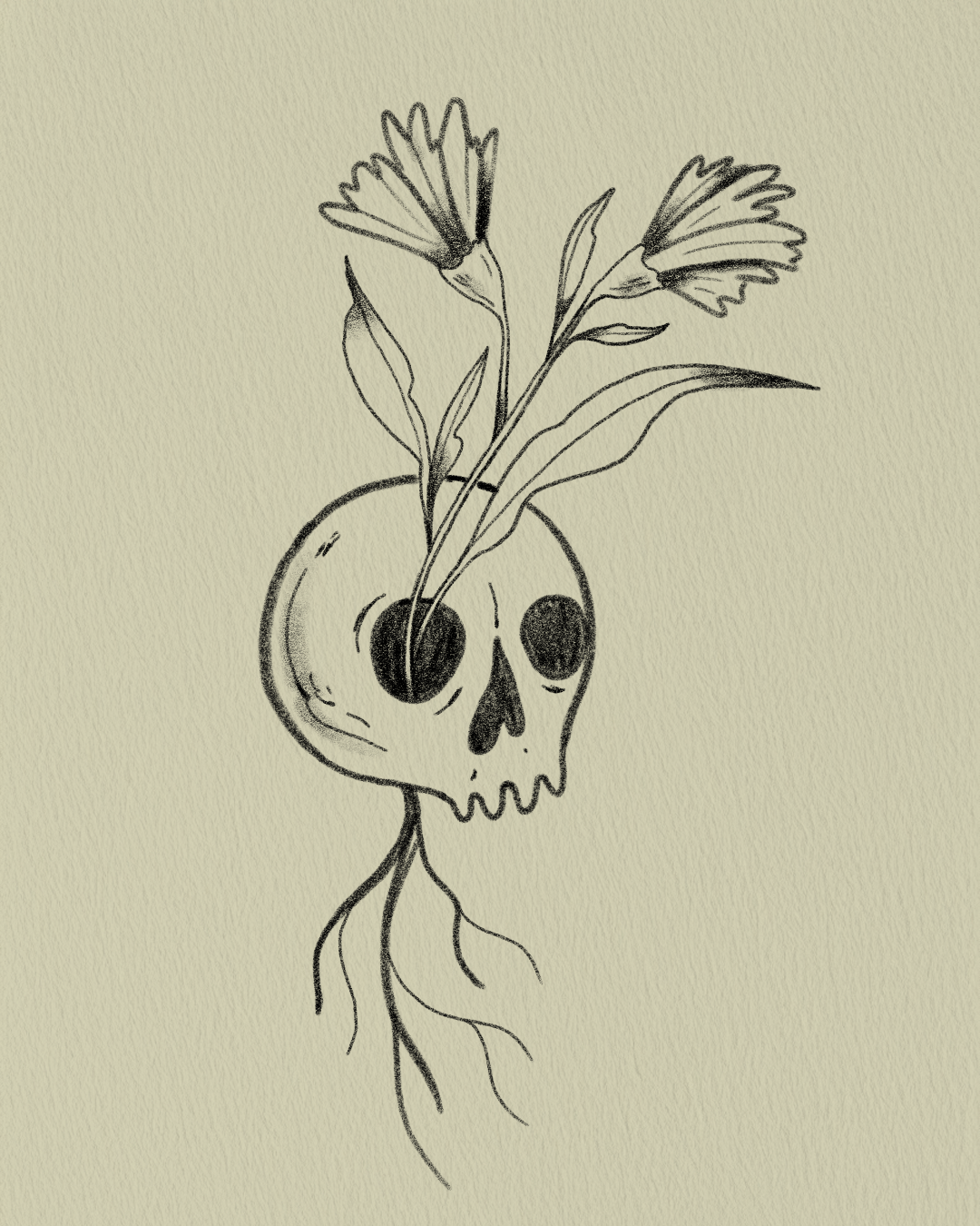 Ilustração de um crânio com plantas crescendo de dentro dele, desenhada em estilo sketch.