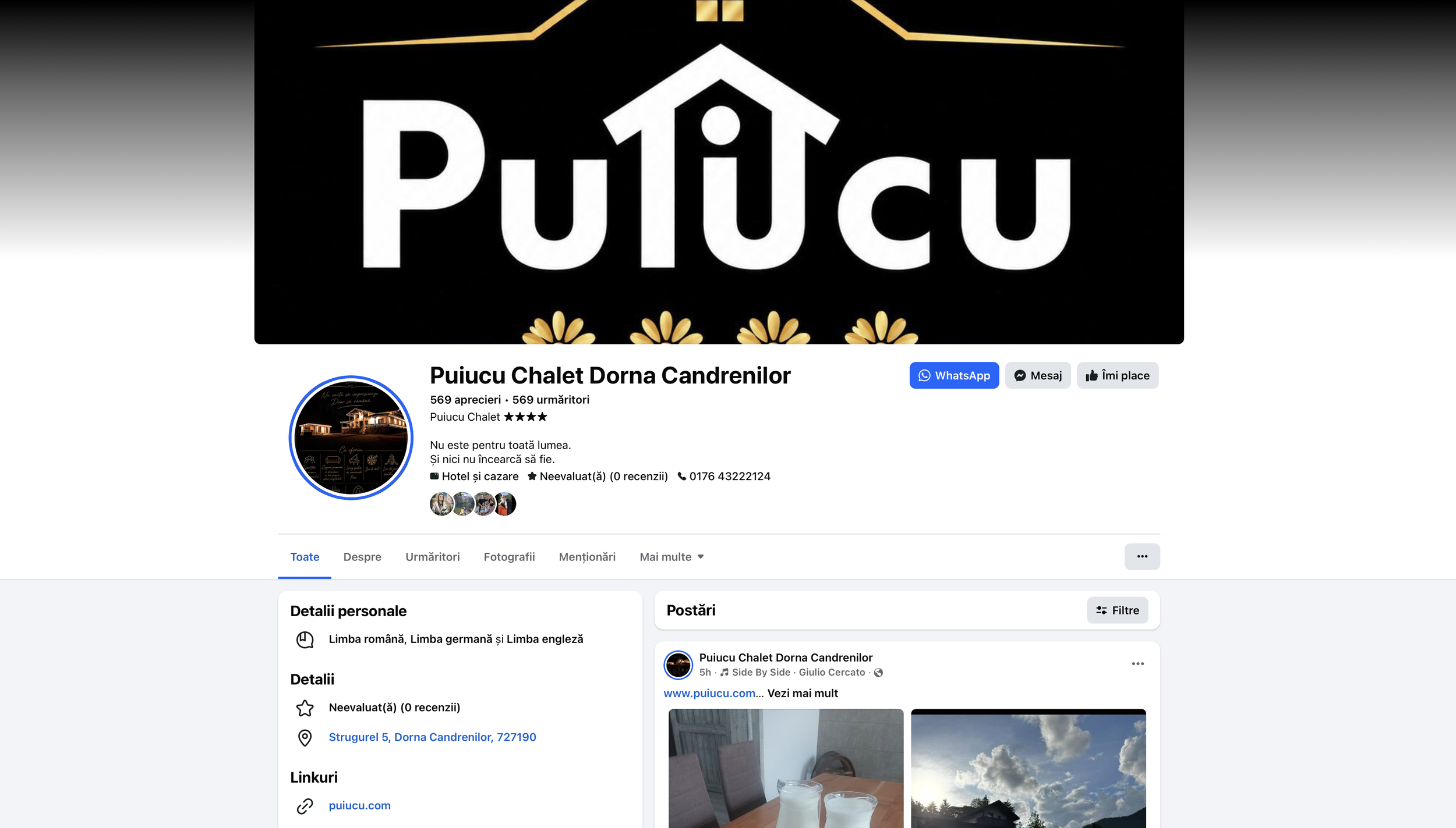 Facebook page cover photo features the word "Puiucu" in large white letters on a black background, decorated with yellow floral designs and gold accents.