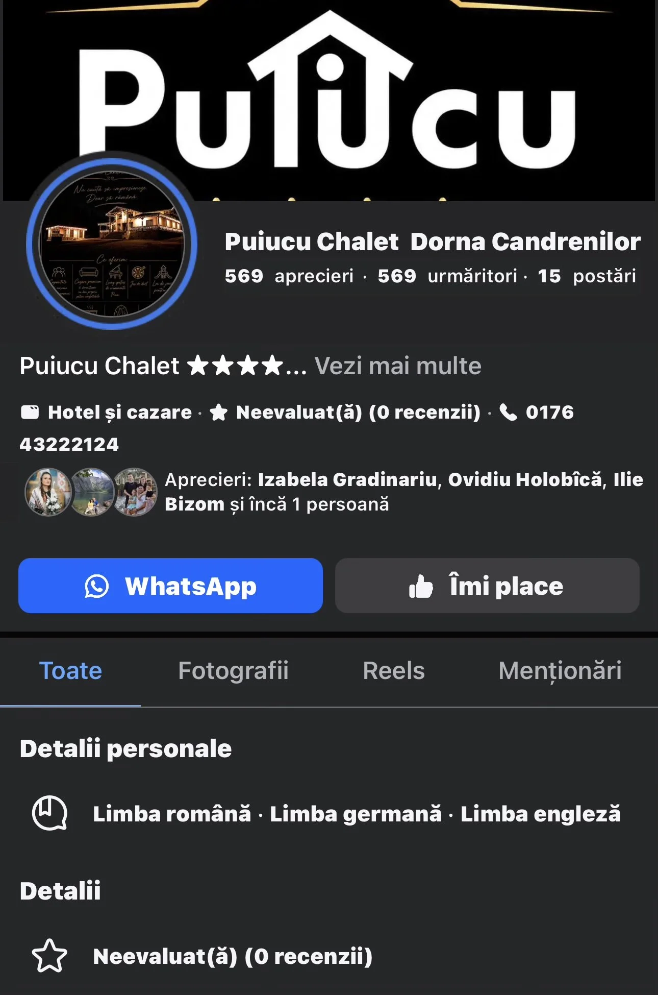 Screenshot of a Facebook page for Puiucu Chalet Dorna Candrenilor, showing contact info, reviews, and options to message or like the page.