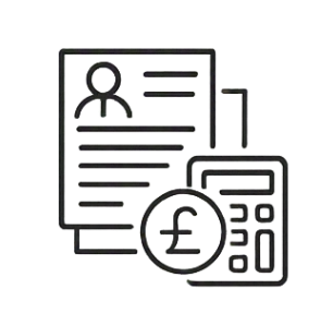 A line drawing of a resume, a calculator, and a pound currency symbol, representing finance or payroll.