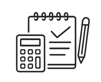 Calculator, notepad with checkmark, and a pen