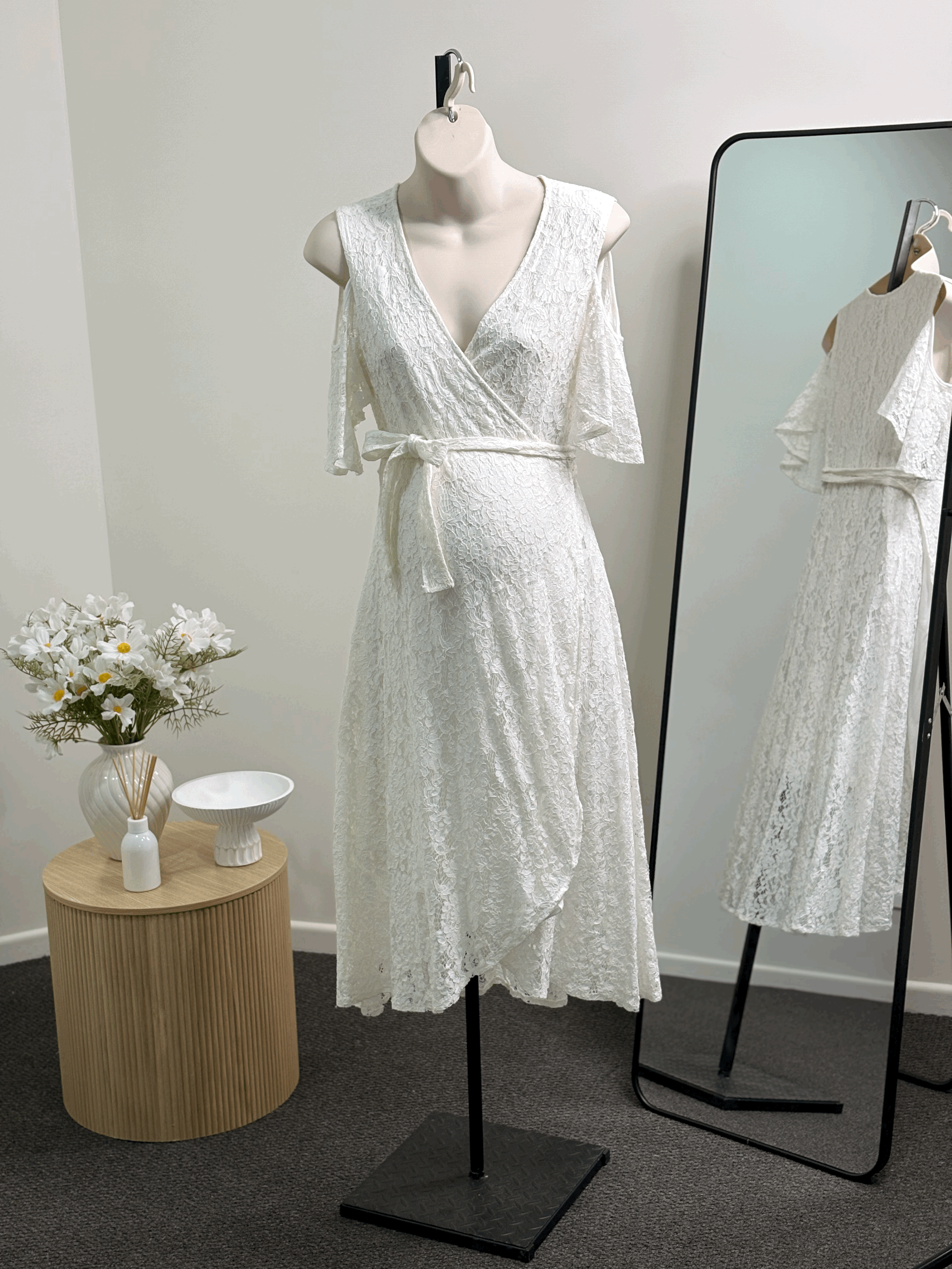 Maive & Bo White Lace Midi Dress