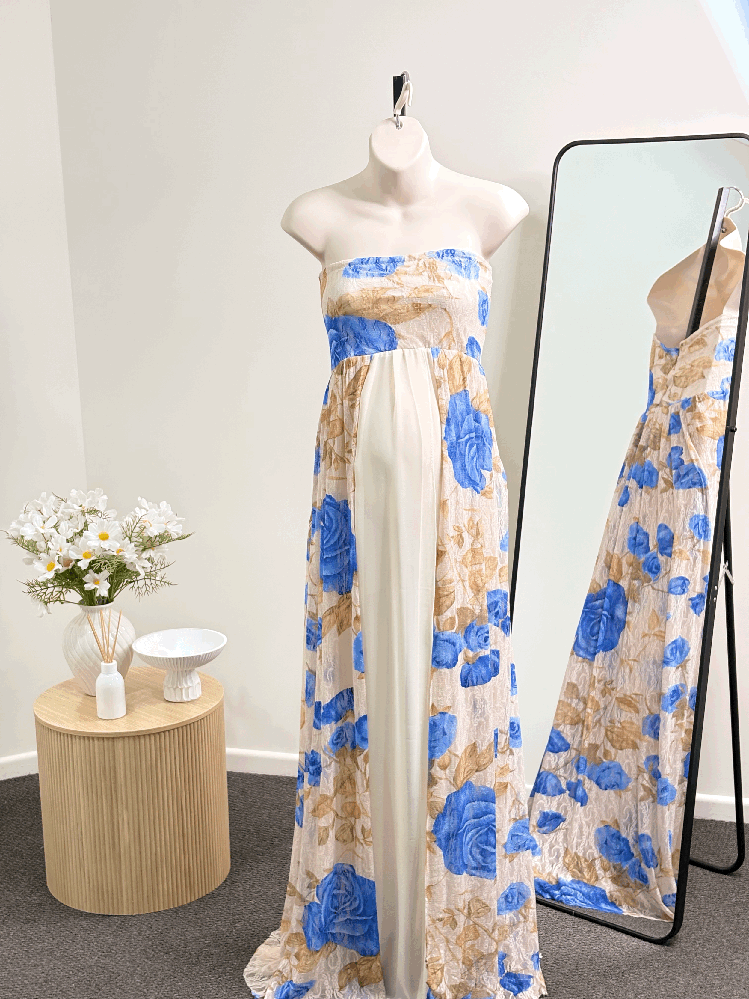 Cream & Blue Floor Length Floral Gown