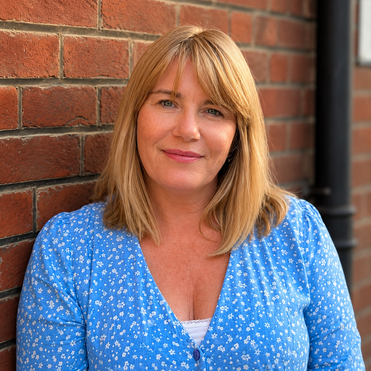A woman with blonde hair wearing a blue floral blouse, standing against a brick wall, smiling at the camera.