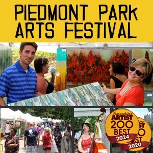 Banner for Piedmont Park Arts Festival featuring images of people viewing artwork and a vibrant autumn scene, with a badge indicating it was voted best artists' festival in 2024.