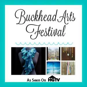 Poster for Buckhead Arts Festival with images of an art piece, cityscape, abstract art, waterfront, and a woman in a colorful dress.