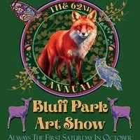 Flyer for the 63rd Annual Bluff Park Art Show with event details and a black and white drawing of a dog on the left.