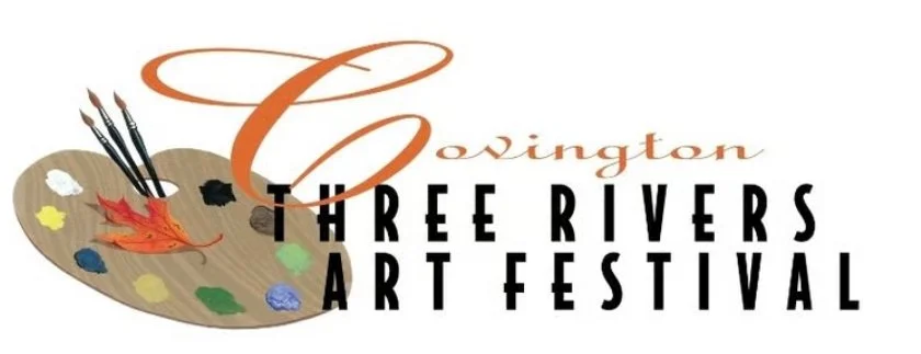 Logo for Covington Three Rivers Art Festival with a painter's palette, paintbrushes, and autumn leaves.