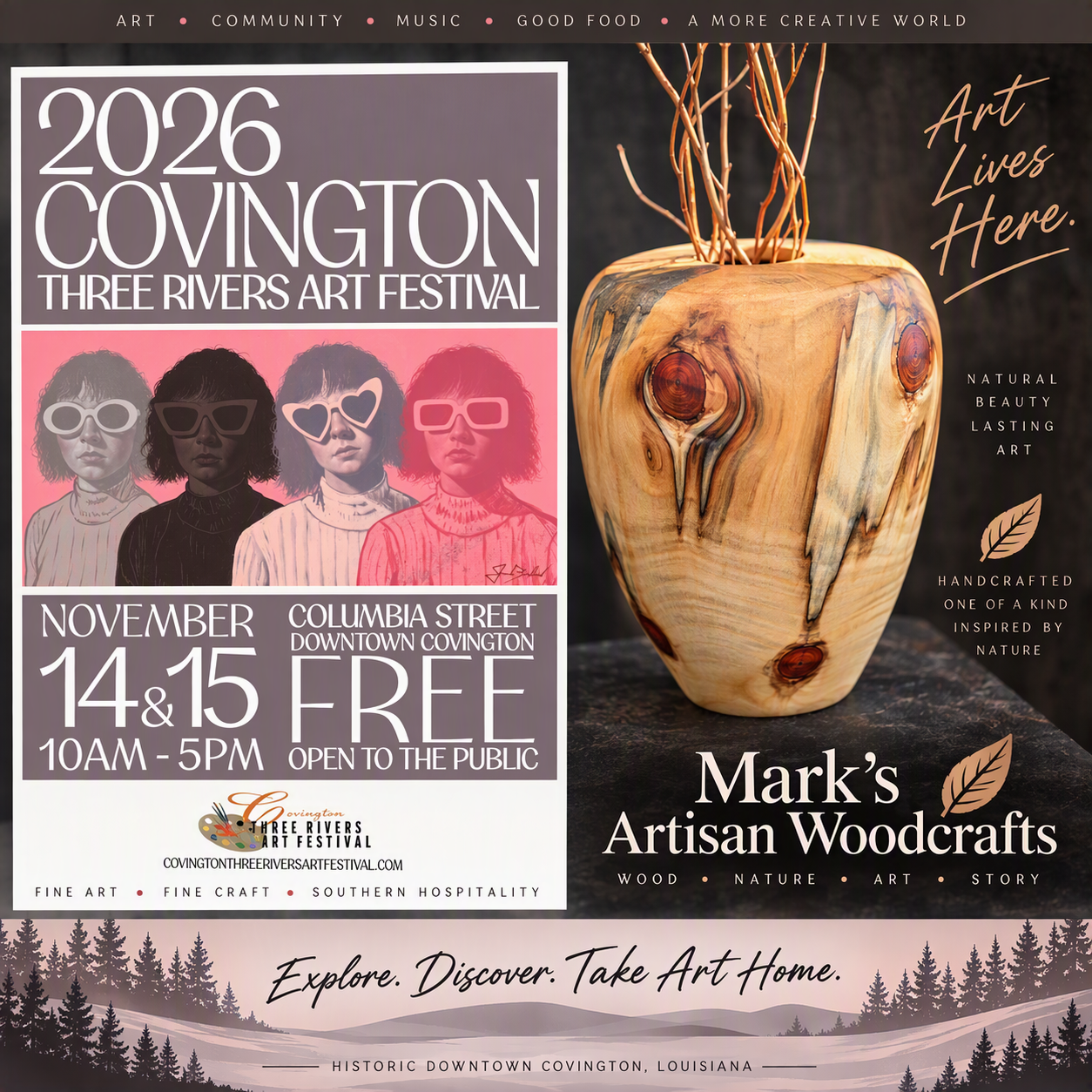 Logo for Covington Three Rivers Art Festival with a painter's palette, paintbrushes, and autumn leaves.