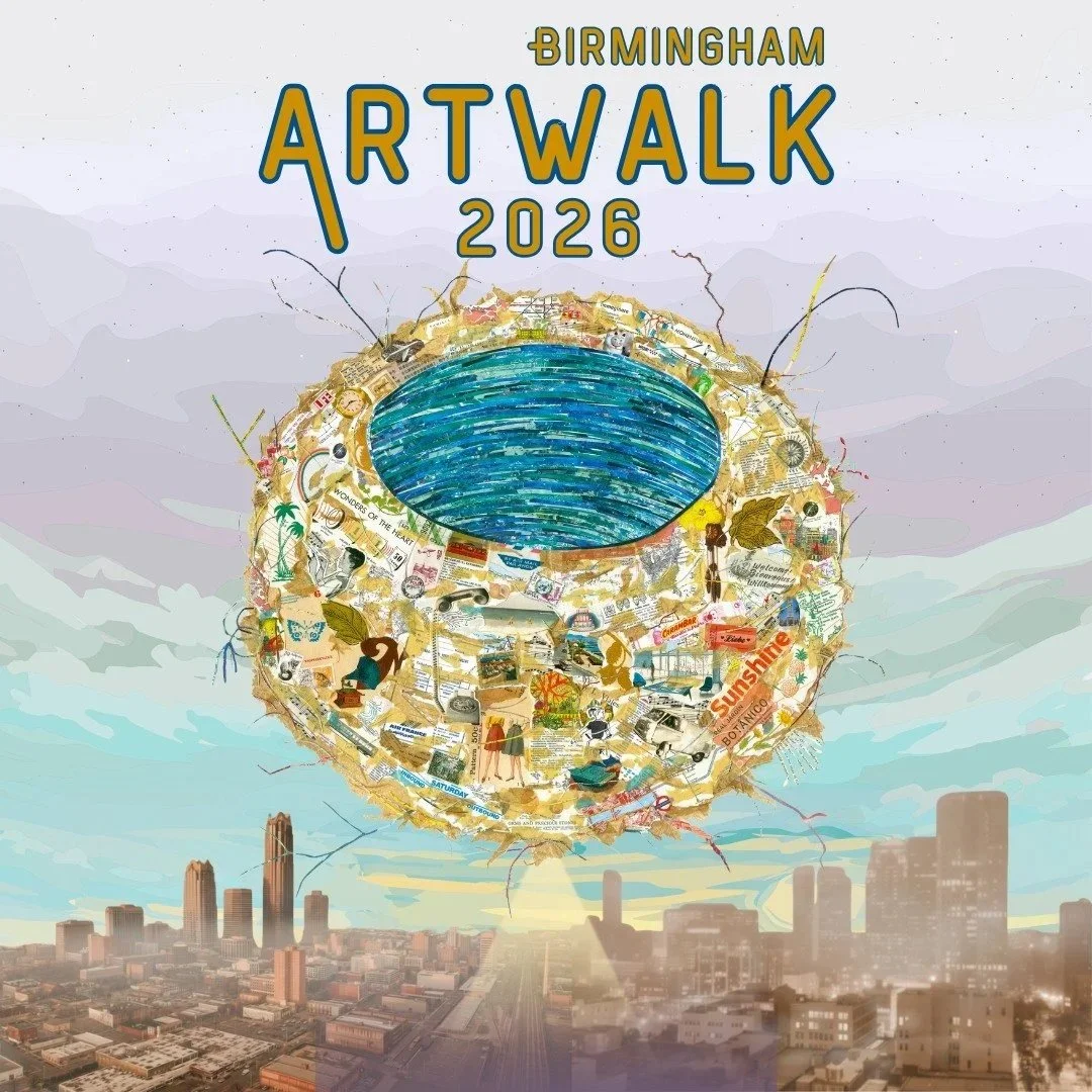 Illustration of a large art installation floating above a city skyline during sunset, with the text "Birmingham ArtWalk 2026" at the top.