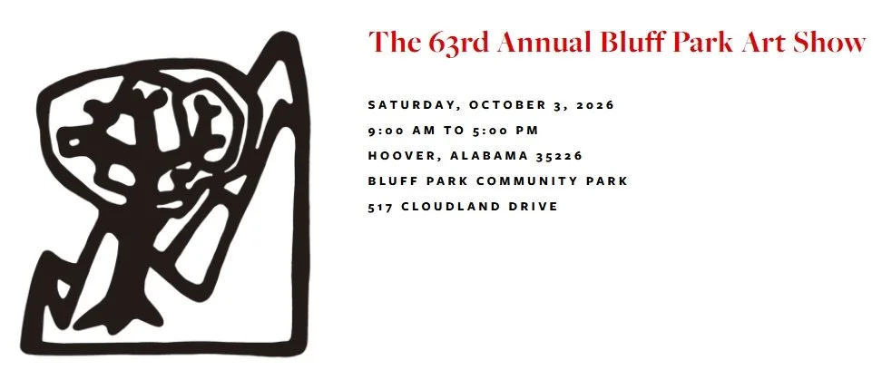Flyer for the 63rd Annual Bluff Park Art Show with event details and a black and white drawing of a dog on the left.