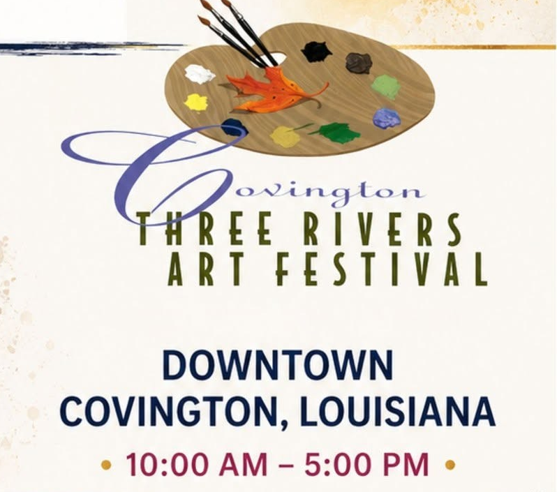 Logo for Covington Three Rivers Art Festival with a painter's palette, paintbrushes, and autumn leaves.