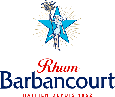 Illustration of a woman in a blue dress and hat holding a spear, standing in front of a starburst, with stylized text that reads "Rhum Barbancourt" and "Haitien Depuis 1862".