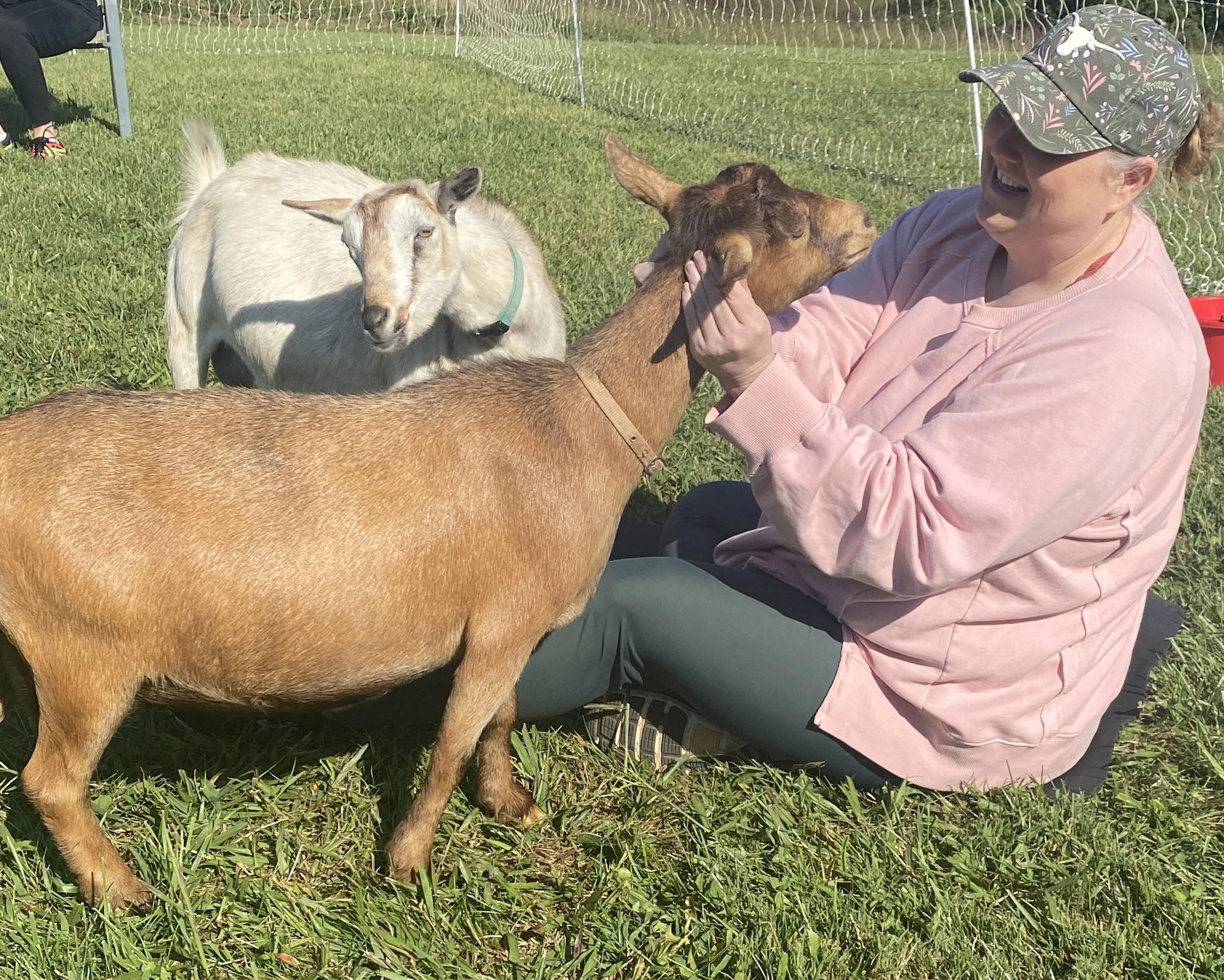 woman petting goat smile on face