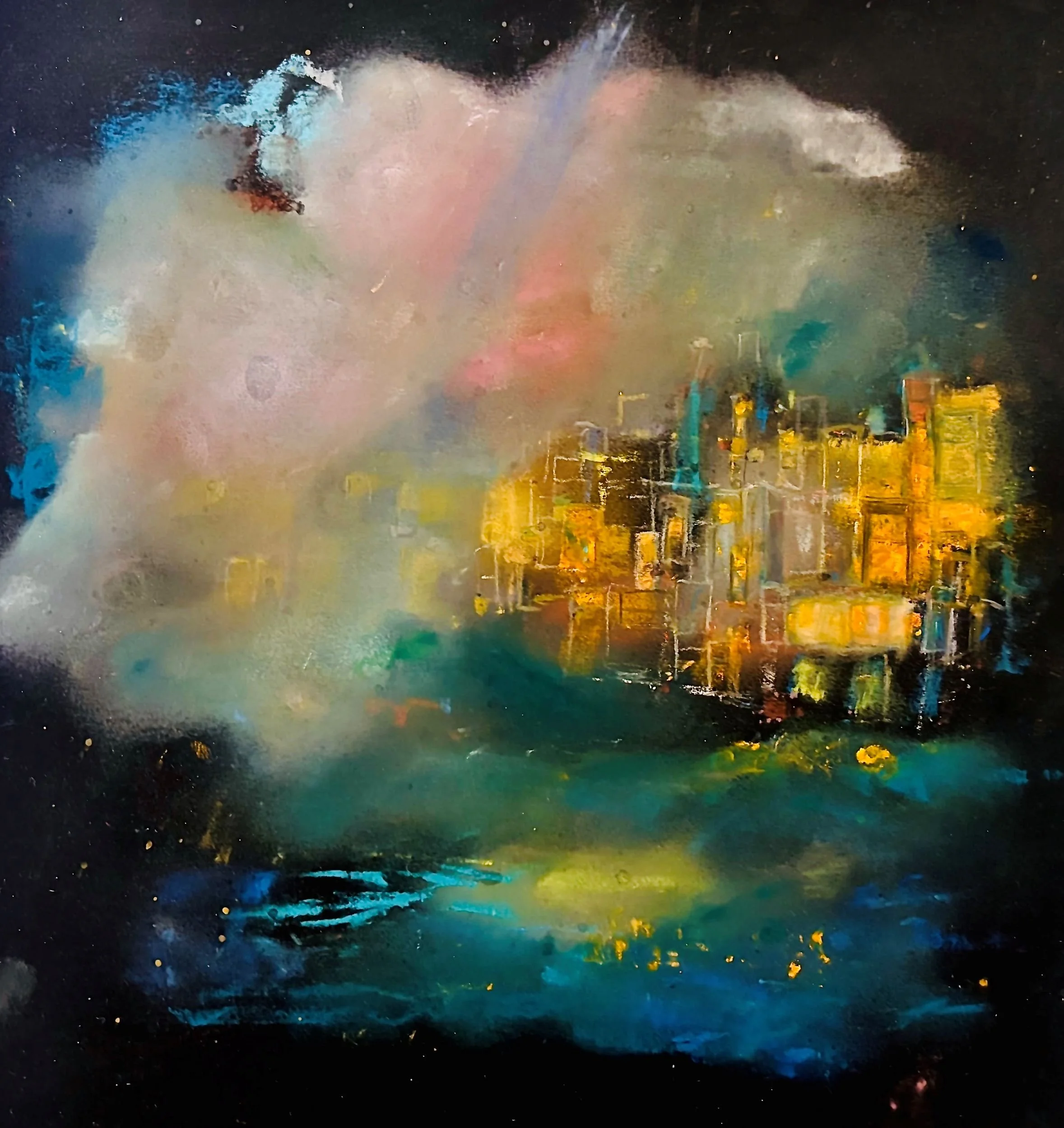 Delft in January Fog. Soft pastels on, 'The Tube,' black paper/ sourced from 
Amsterdam.