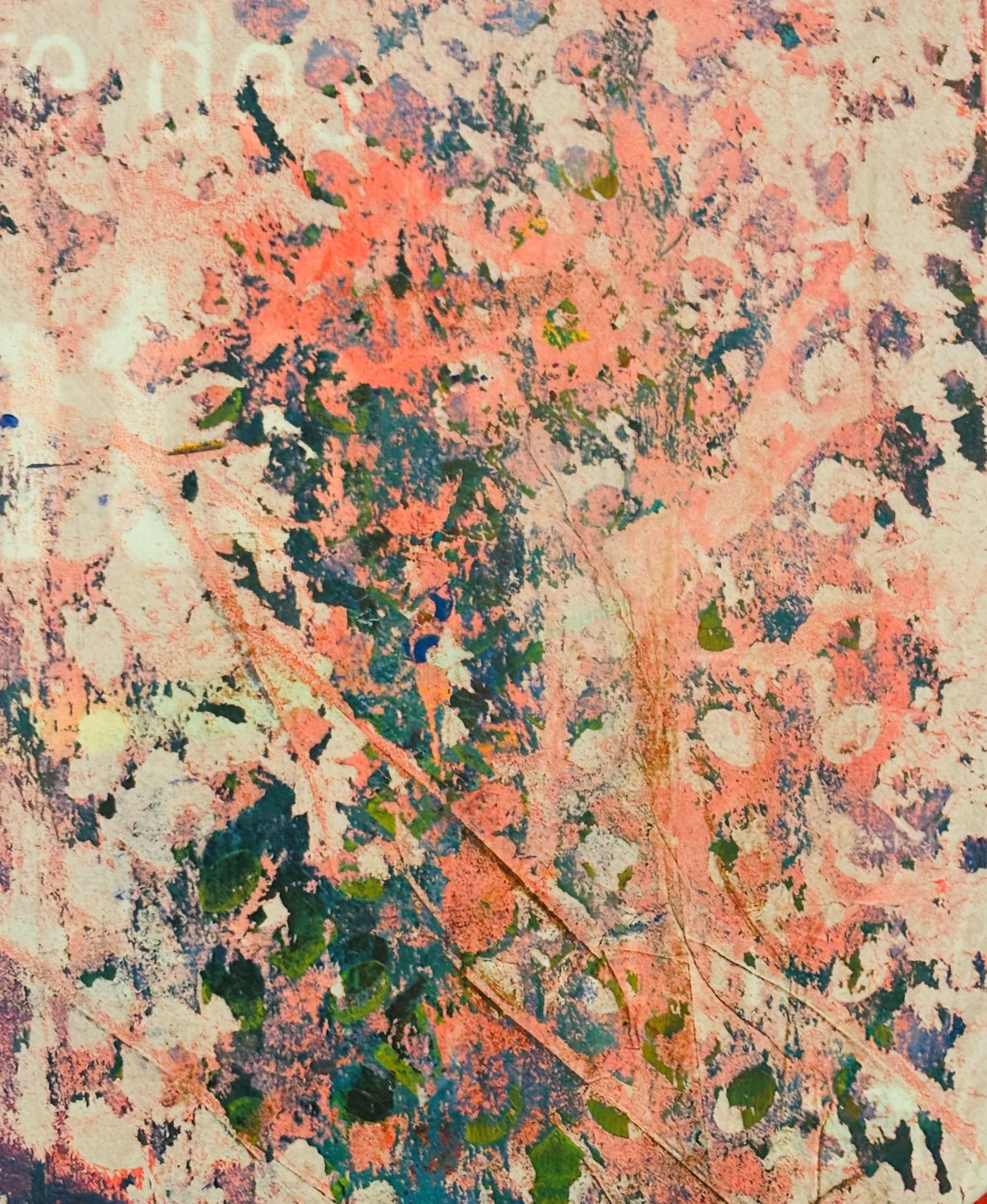 The Barn -  En Doucet - August heatwave - Monotype using a gelli plate, acrylic paints, oil sticks, multi-layered  on Japanese rice paper, with charcoal, coloured pencils and soft pastels. 