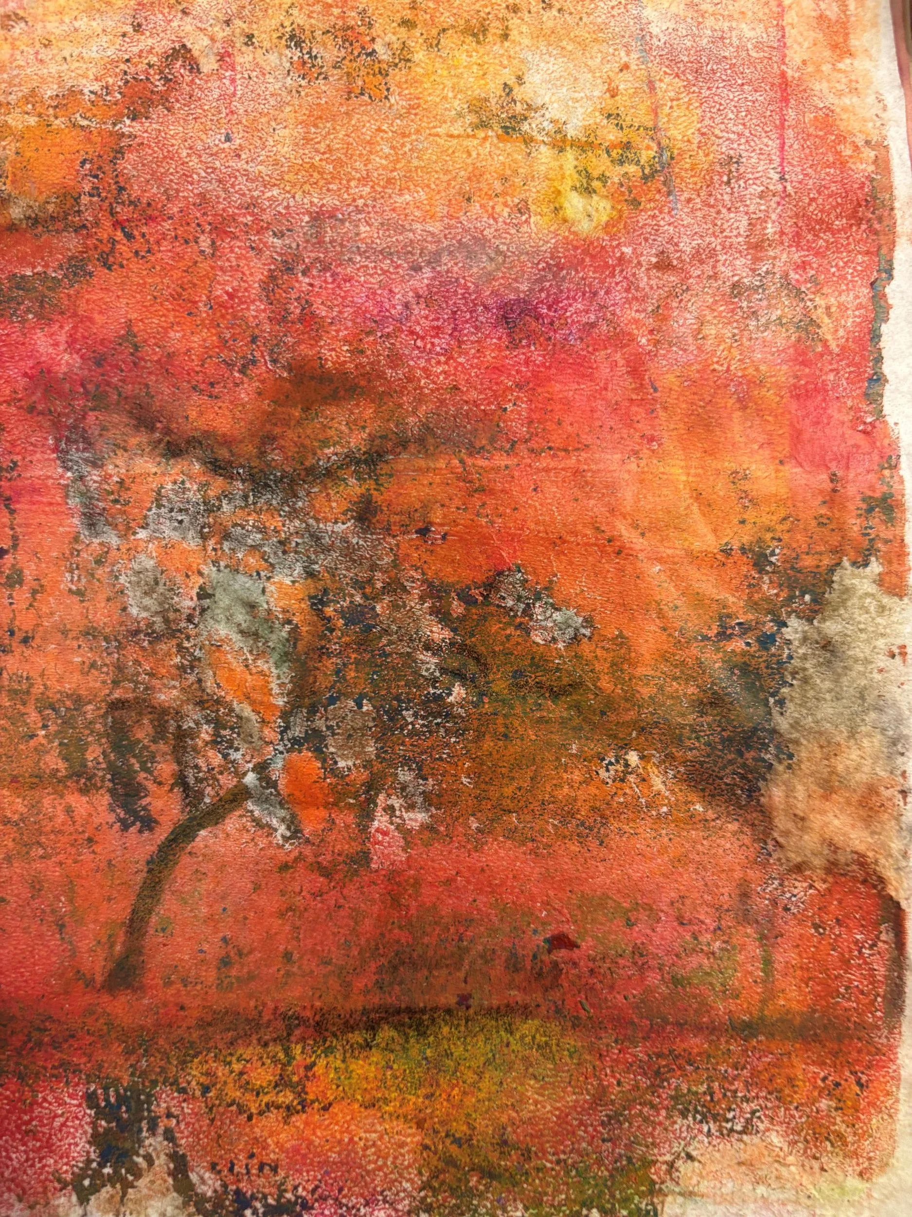 The Struggling olive tree-  En Doucet - August heatwave - Monotype using a gelli plate, acrylic paints, oil sticks, multi-layered  on Japenese rice paper, with charcoal and coloured pencils..
