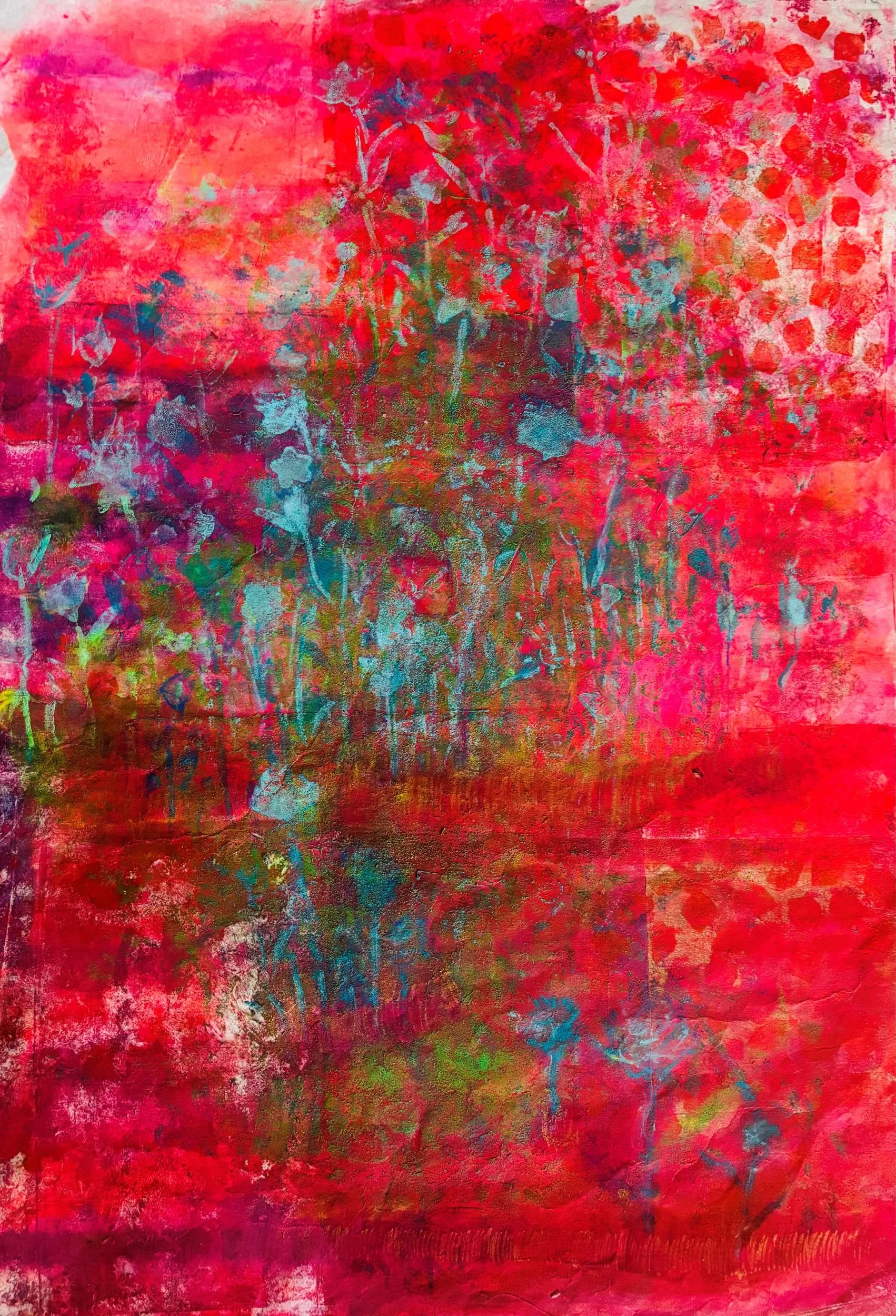 The nightingale sings in Spring -  En Doucet -Monotype created using a gelli plate, acrylic paints, oil sticks, multi-layered on Japenese rice paper. 