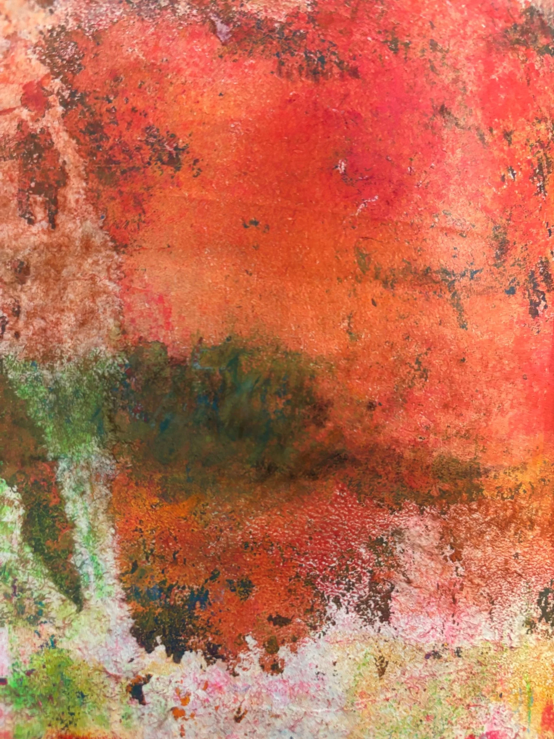 The Struggling olive tree/ 2 -  En Doucet - August heatwave - Monotype using a gelli plate, acrylic paints, oil sticks, multi-layered  on Japanese rice paper, with charcoal and coloured pencils..