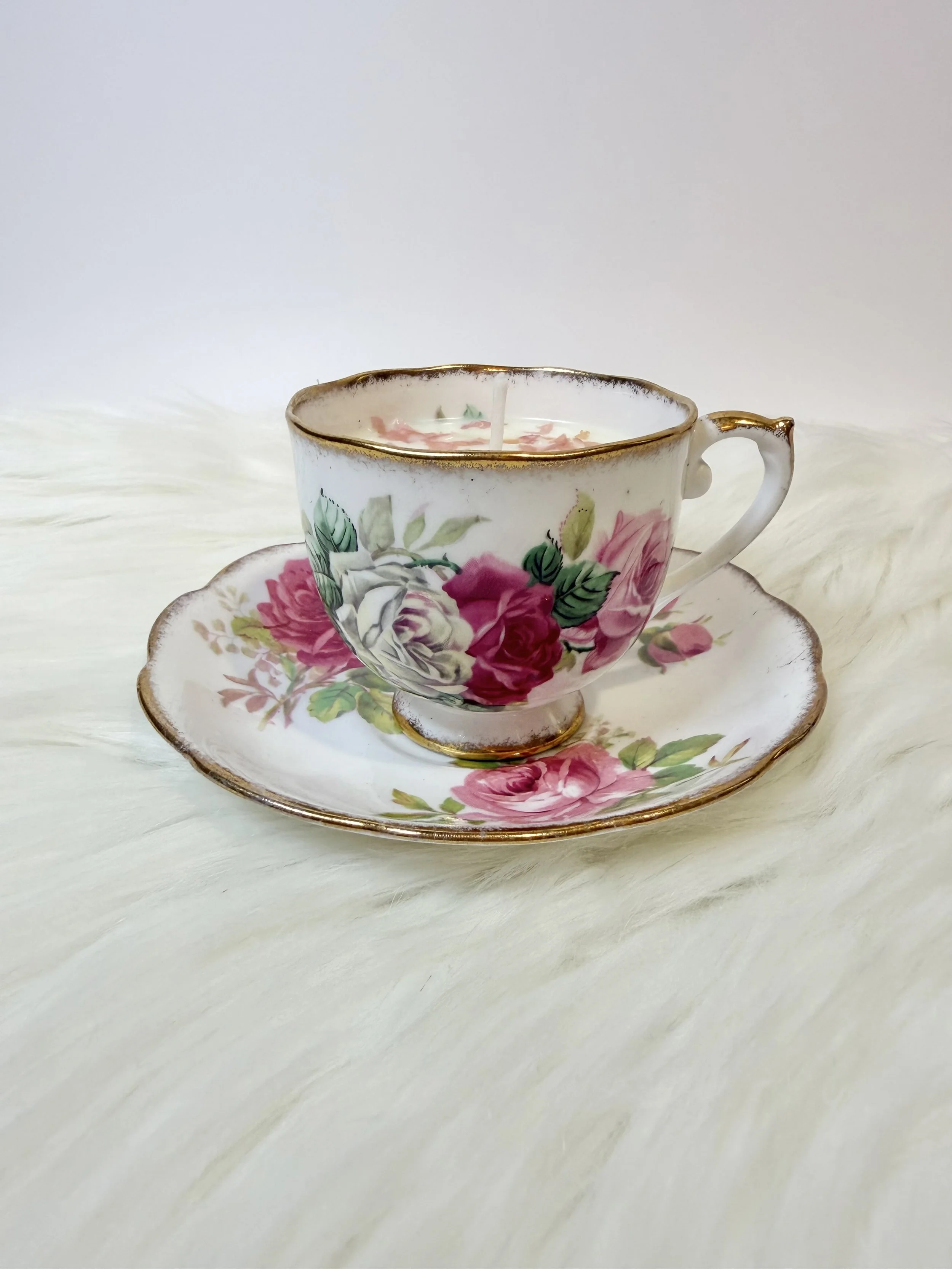 Volcano Scented Candle in Pink Floral Tea Cup