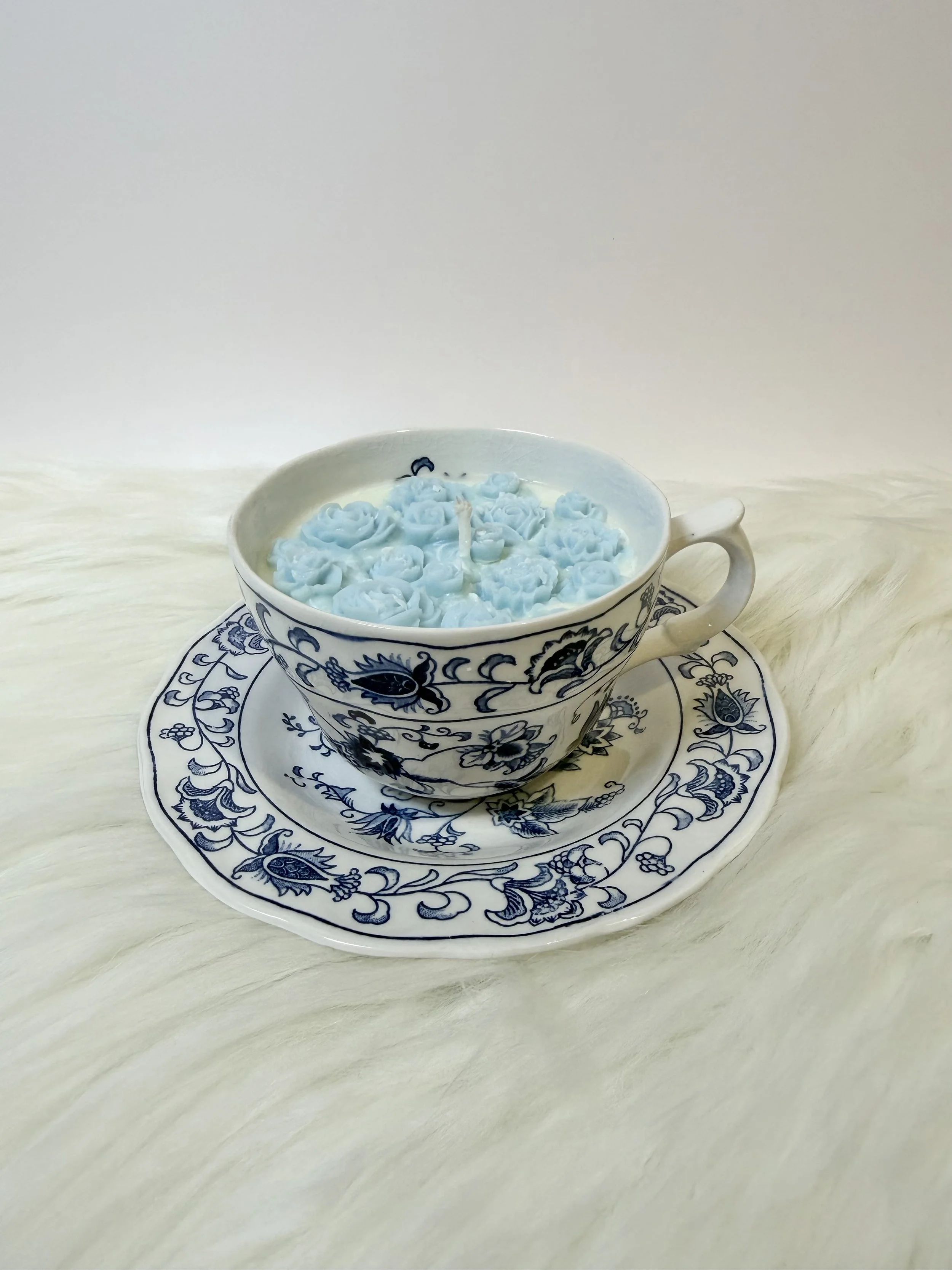 Volcano Scented Candle in Blue and White Tea Cup